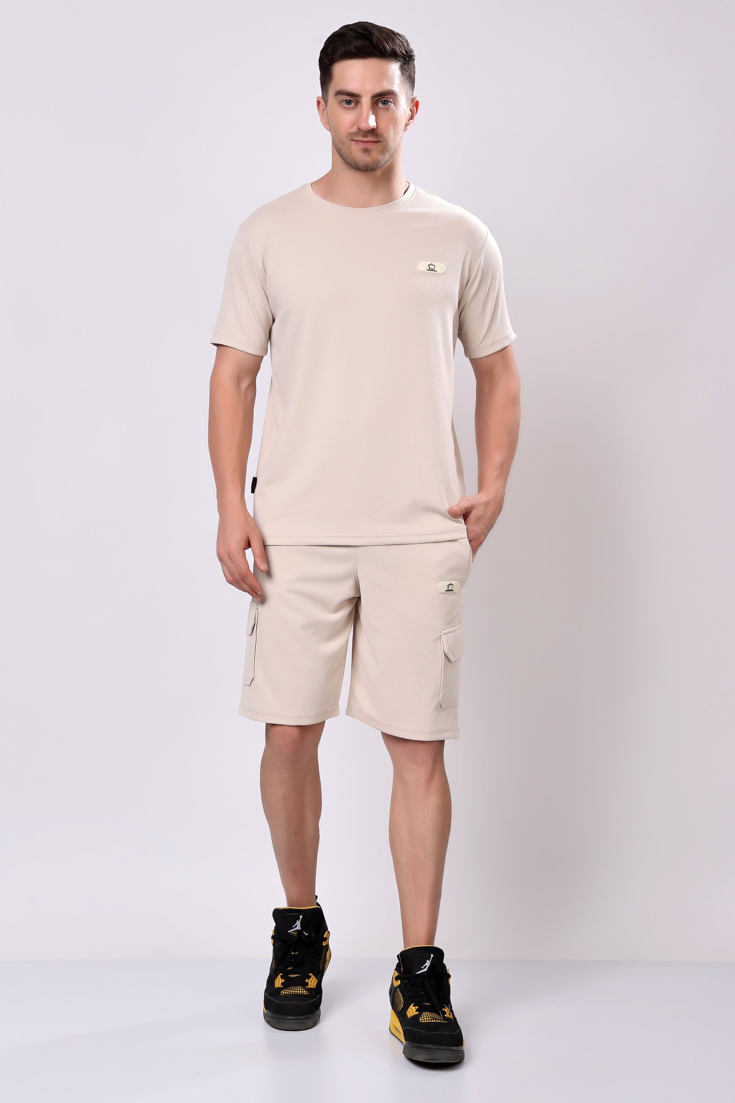 Stylox Men’s Solid Co-ord Set | Round Neck Half Sleeve T-Shirt & Cargo Shorts Set | Premium Cotton Blend Summer Outfit for Casual Wear