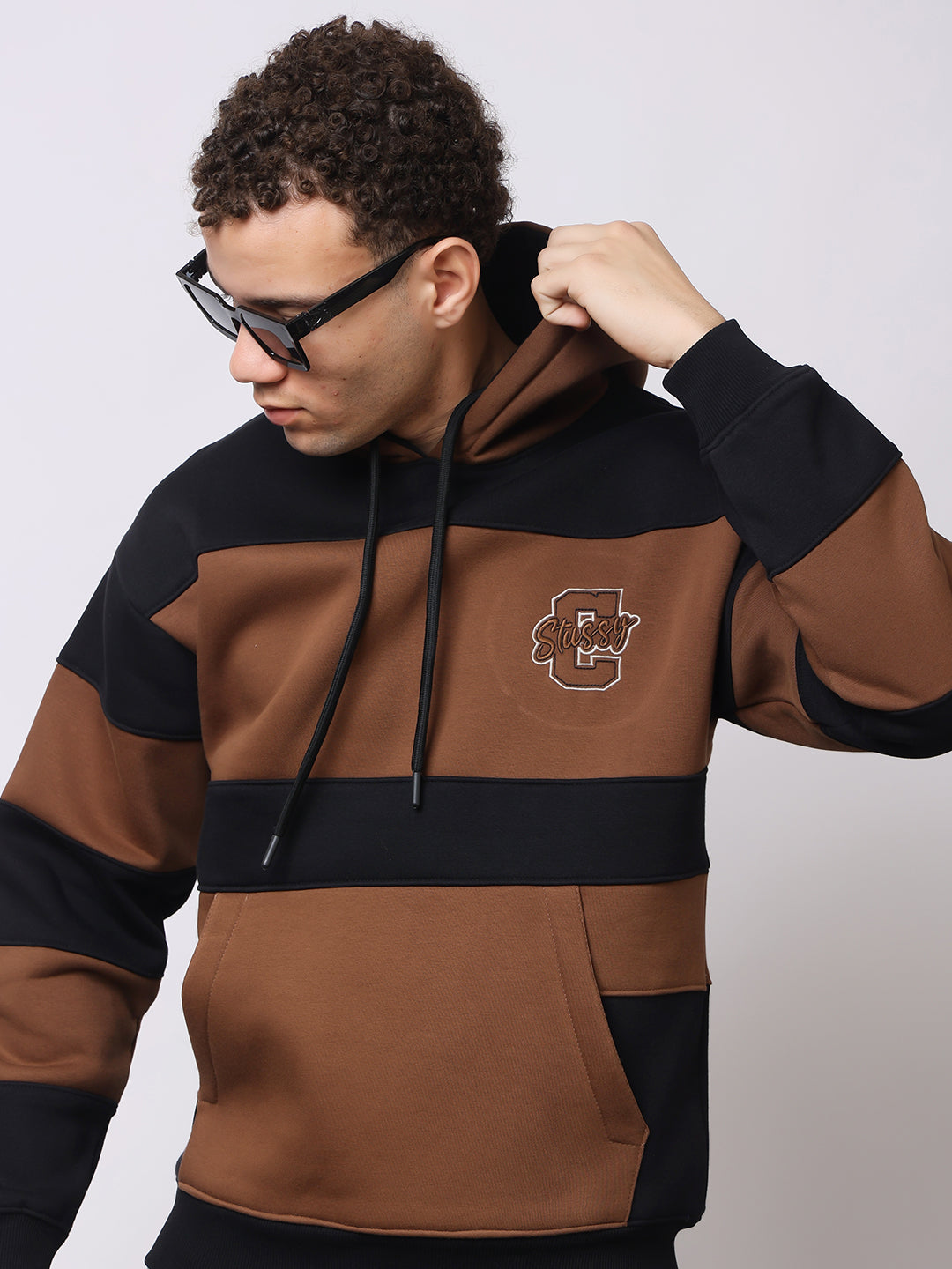 Stylox Men’s Premium Colorblock Hoodie – Brown & Black Stylish Winter Wear | Warm Fleece Hoodie with Kangaroo Pocket
