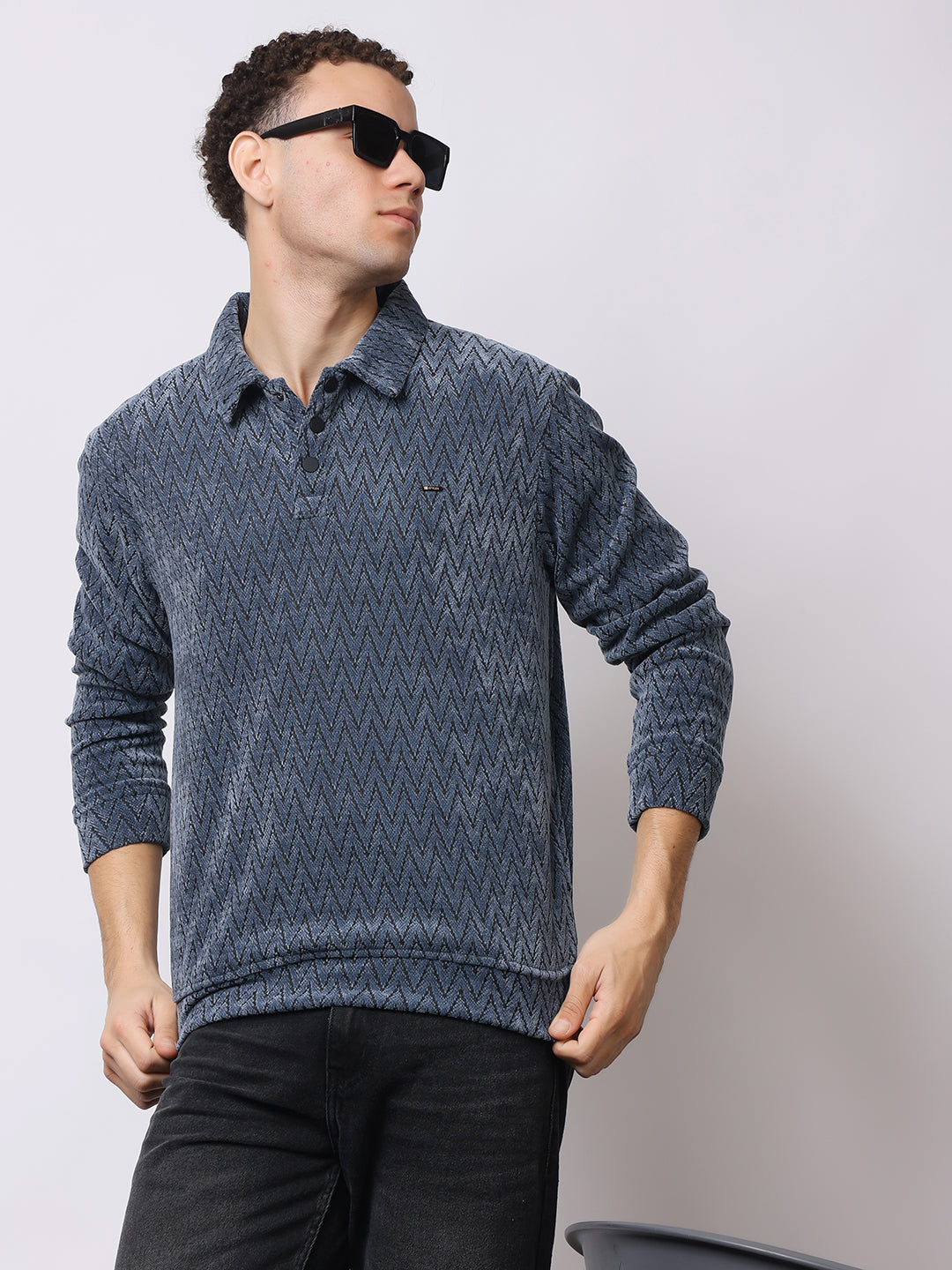 Stylox Men’s Textured Winter Sweatshirt – Chevron Pattern Pullover with Collar & Button Placket