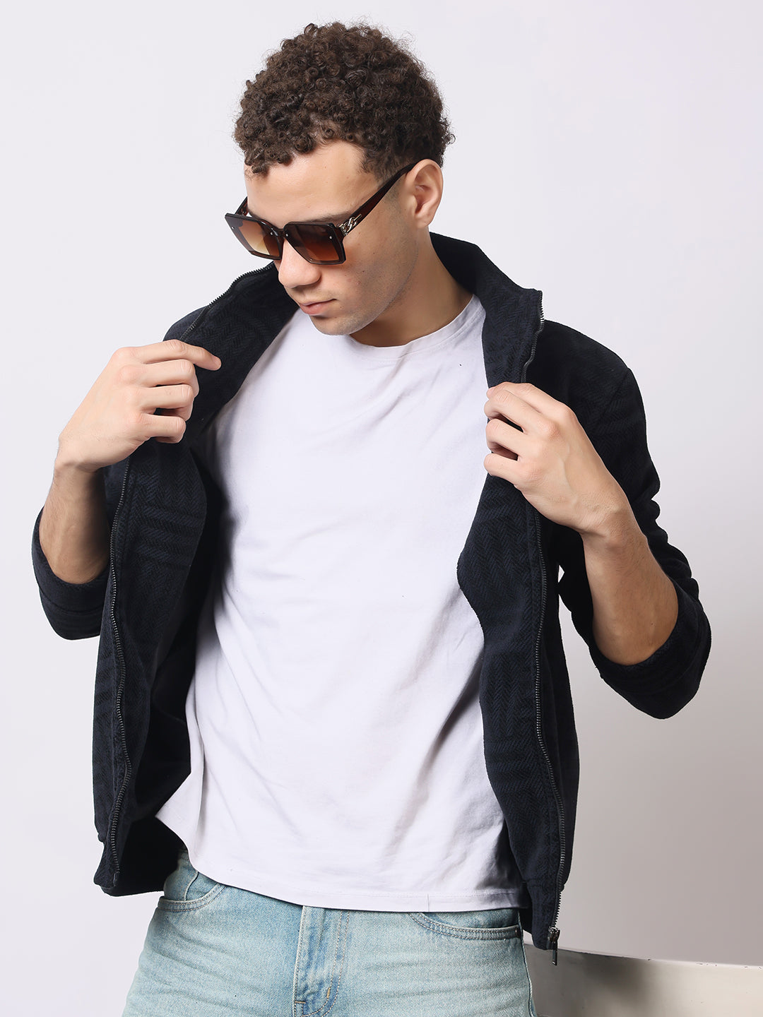 Stylox Men’s Black Textured Full-Zip Winter Jacket – Warm Fleece-Lined High Neck Sweatshirt for Casual Wear