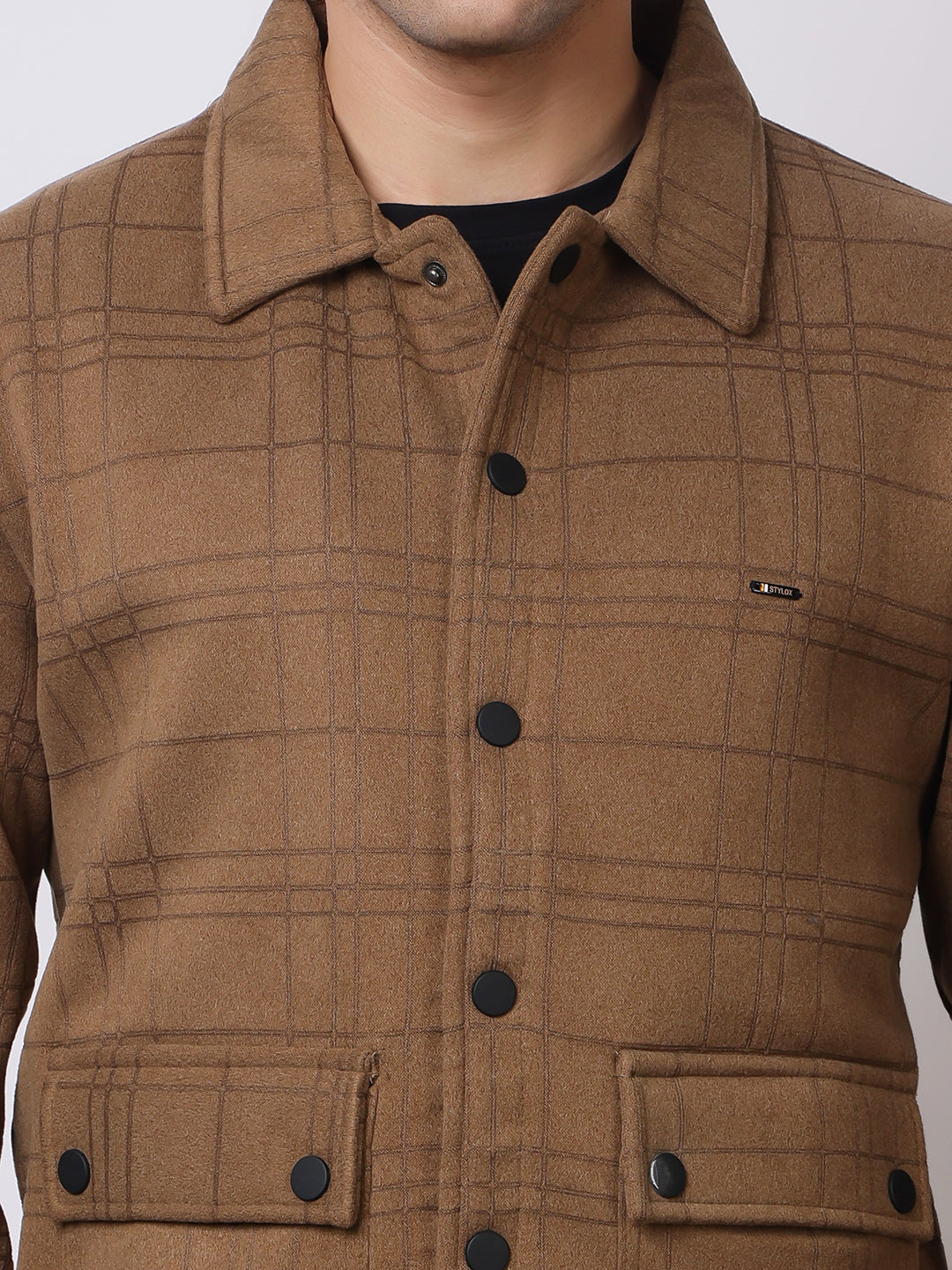 Stylox Men’s Checkered Winter Shacket – Warm Button-Down Fleece Jacket with Utility Pockets