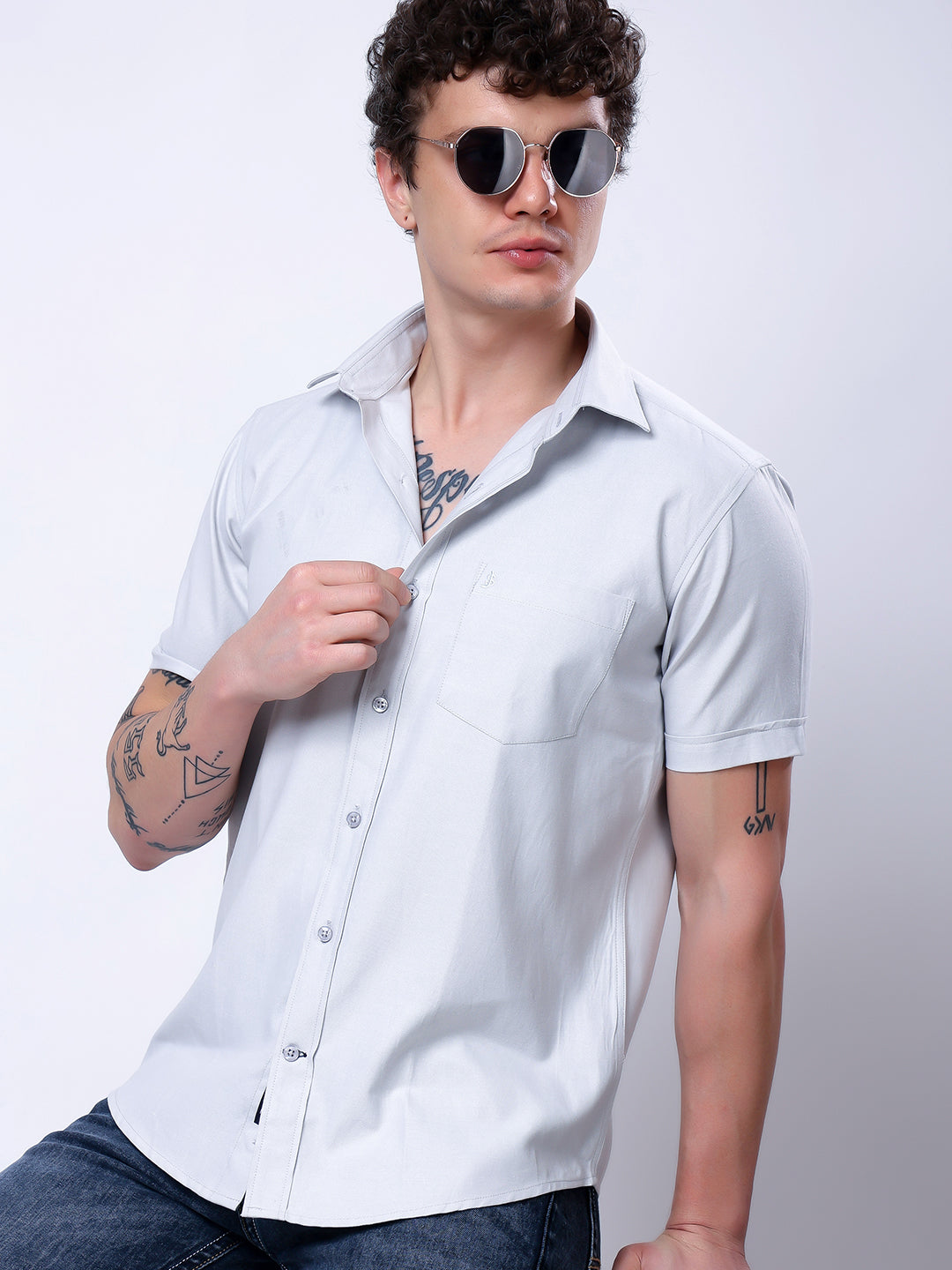Stylox Men’s Regular Fit Half Sleeve Solid Casual Shirt-Light Grey - Stylox