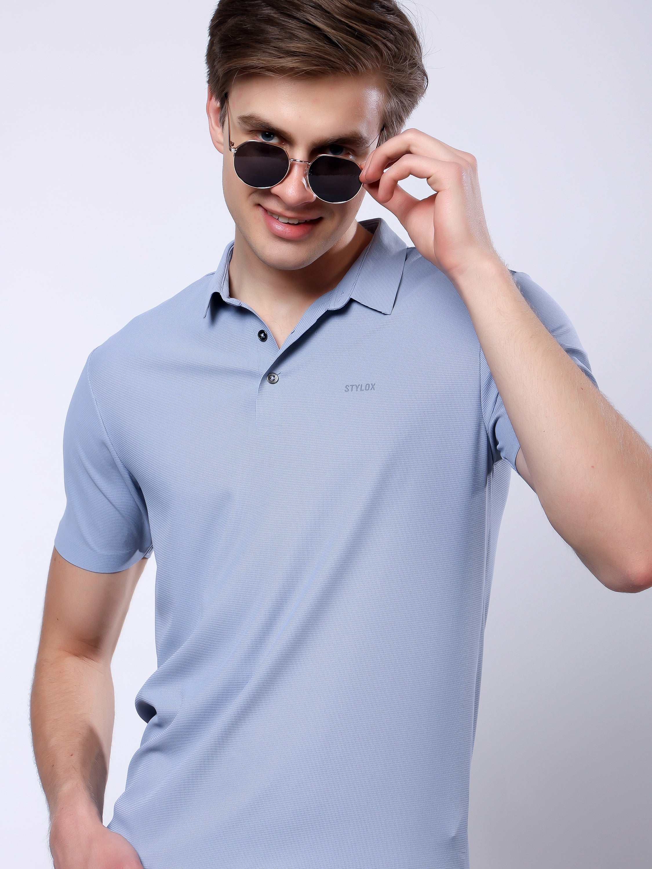 Stylox Men’s Premium Regular Fit Stretchable Polo T-Shirt-Smoky Blue - Stylox