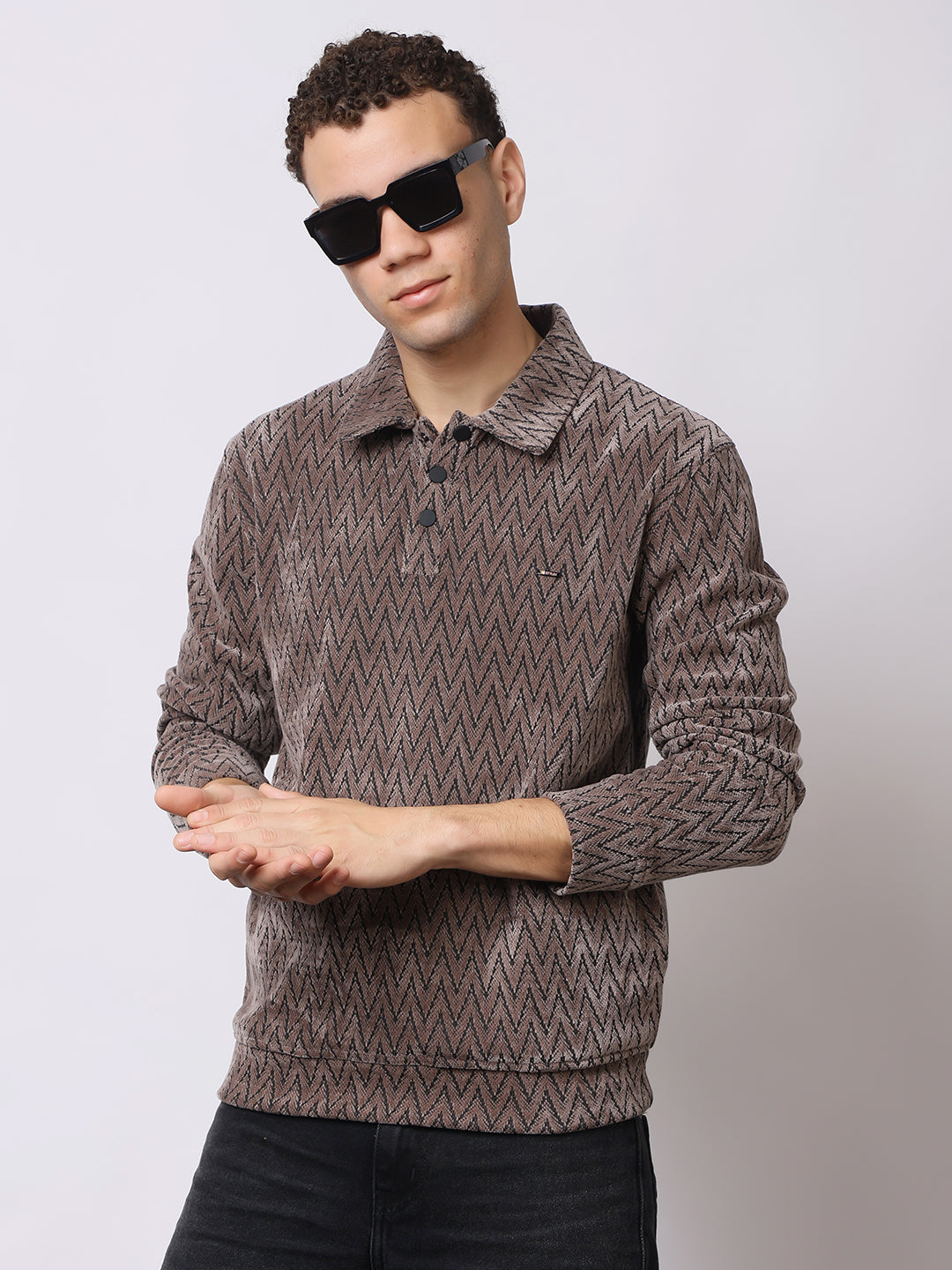 Stylox Men’s Textured Winter Sweatshirt – Chevron Pattern Pullover with Collar & Button Placket