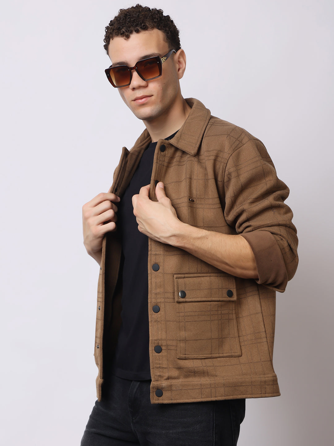 Stylox Men’s Checkered Winter Shacket – Warm Button-Down Fleece Jacket with Utility Pockets