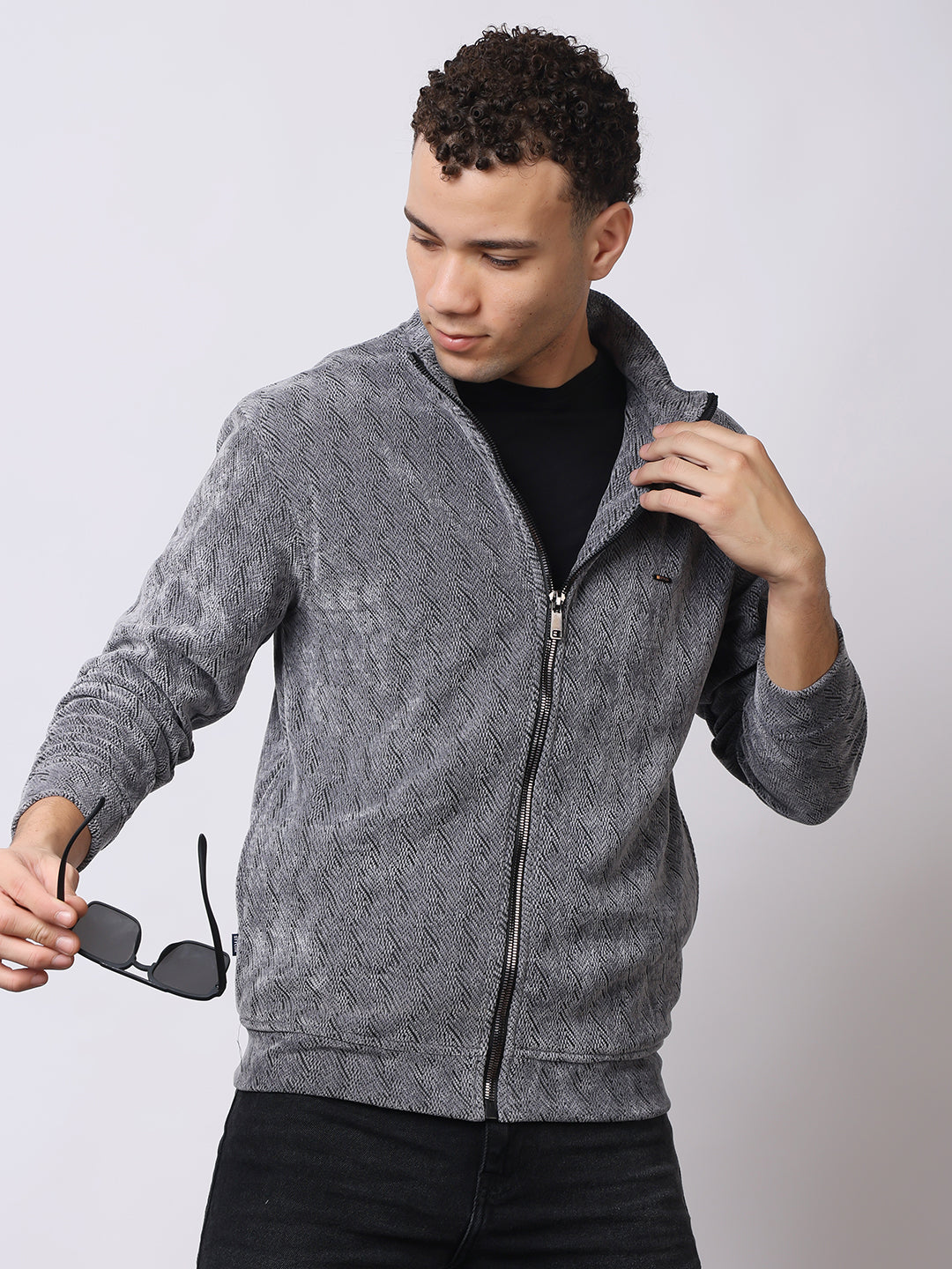 Stylox Men’s Textured Winter Jacket – High-Neck Full-Zip Warm Fleece Jacket for Casual & Daily Wear