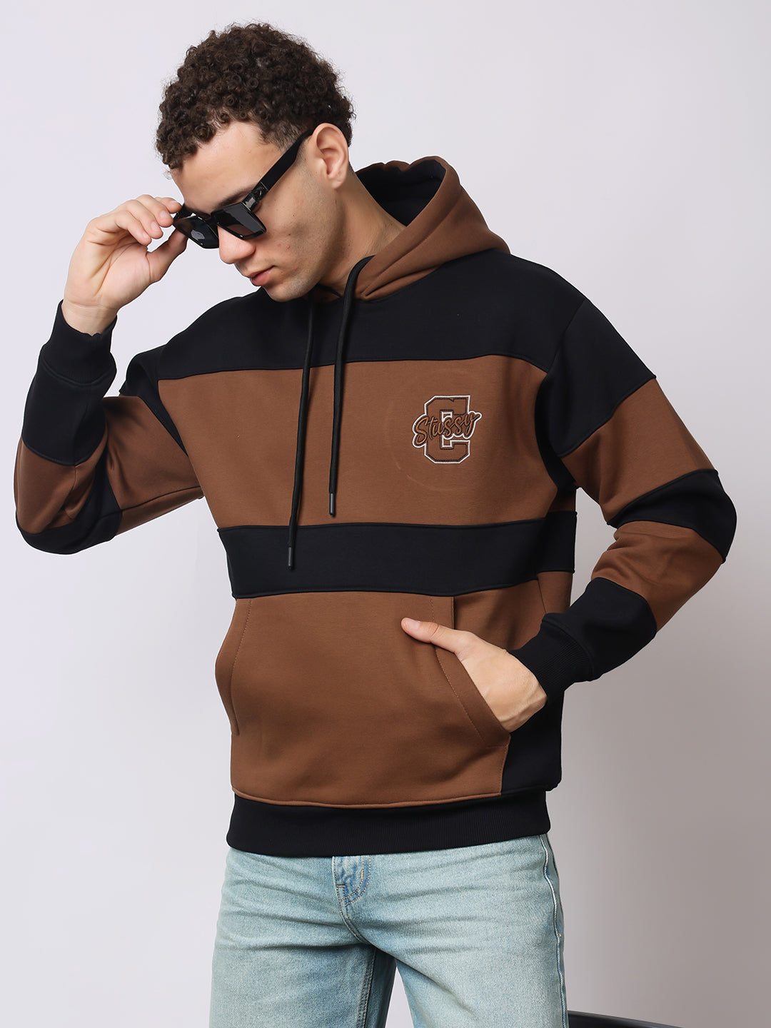 Stylox Men’s Premium Colorblock Hoodie – Brown & Black Stylish Winter Wear | Warm Fleece Hoodie with Kangaroo Pocket