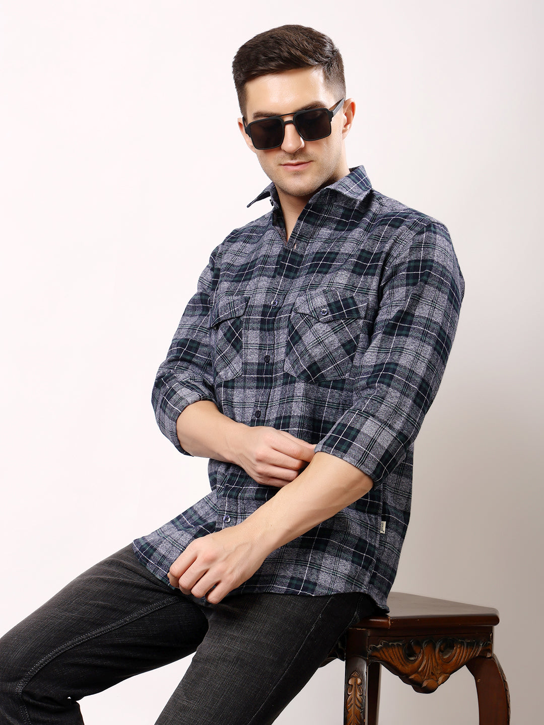 Stylox Men’s Regular Fit Full Sleeve Check Shirt with Double Flap Pockets | Cotton Casual Checkered Shirt
