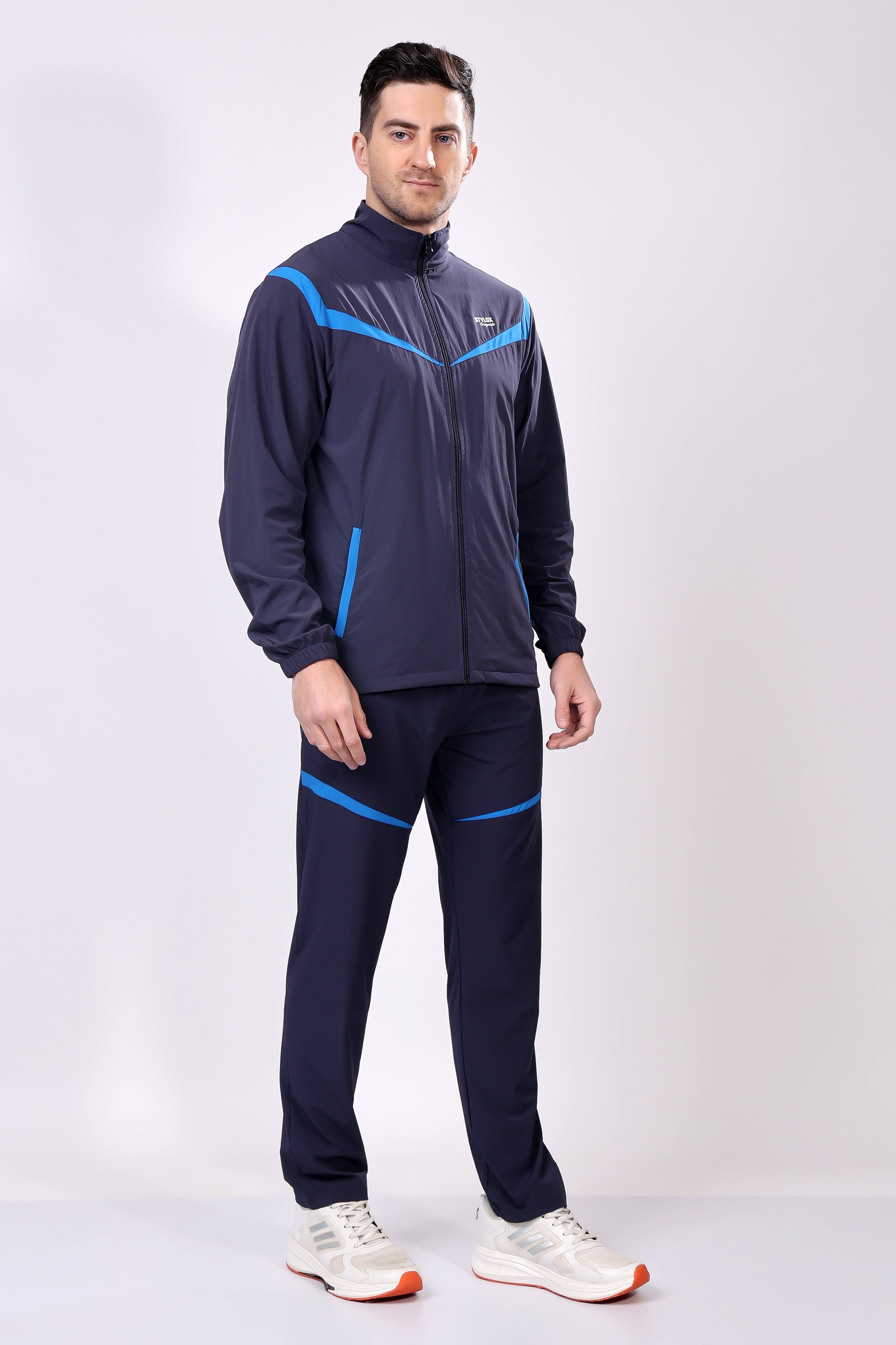 Stylox Men’s Dark Blue Tracksuit | Full Zip High Neck Jacket & Track Pants Set | Lightweight Polyester Activewear for Gym, Running & Training