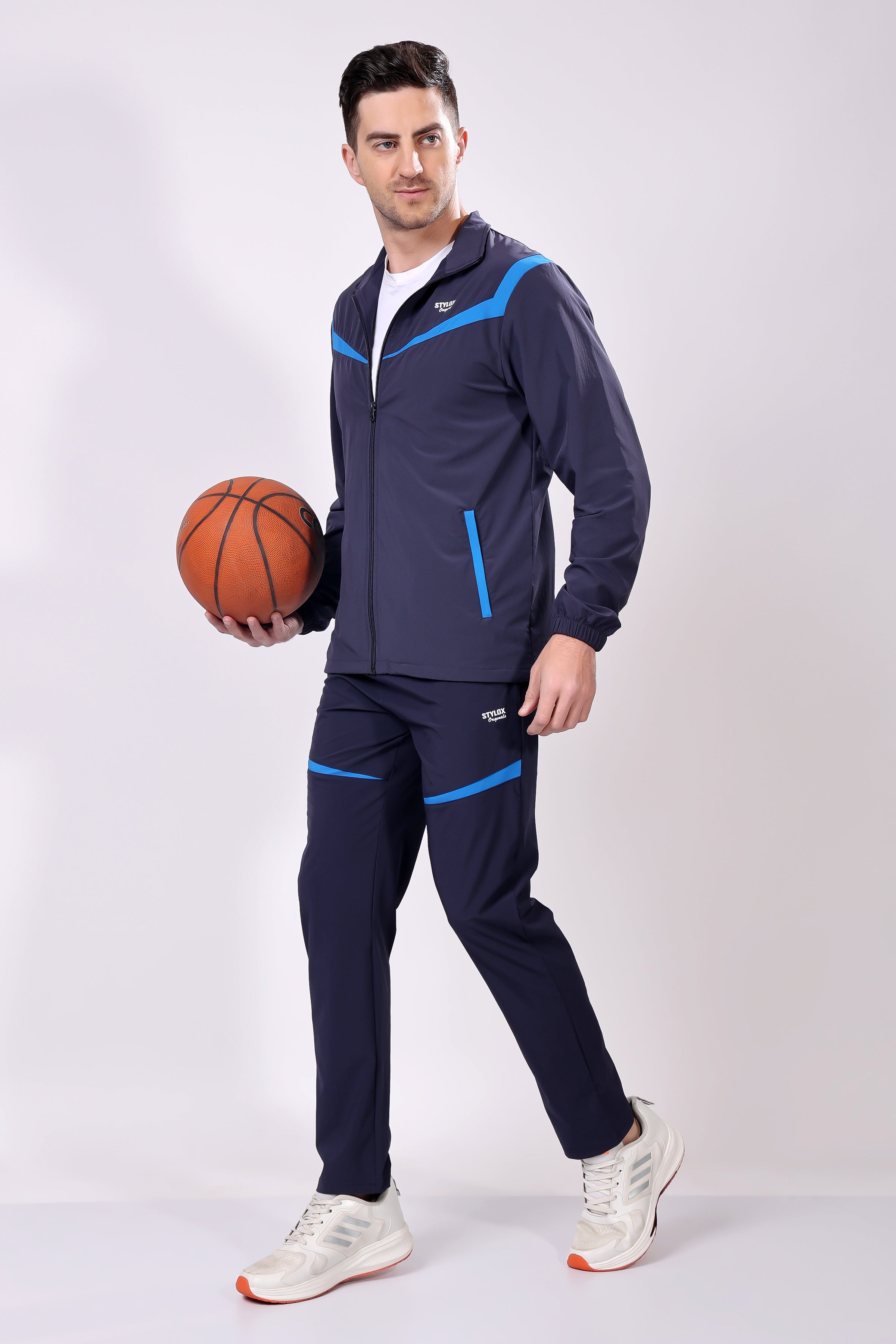 Stylox Men’s Dark Blue Tracksuit | Full Zip High Neck Jacket & Track Pants Set | Lightweight Polyester Activewear for Gym, Running & Training