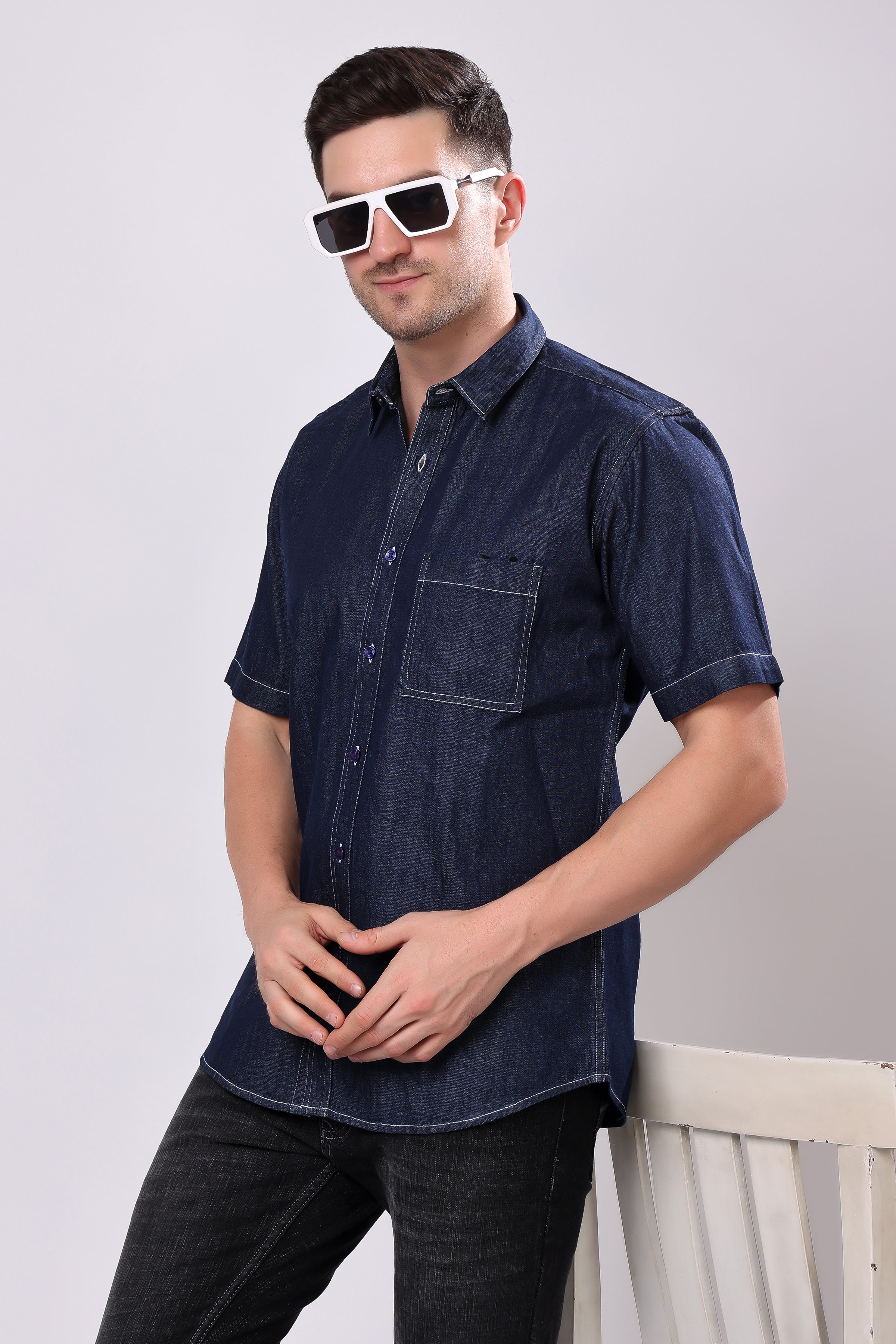 Stylox Men’s Denim Half Sleeve Casual Shirt – Classic Style & Comfortable Fit
