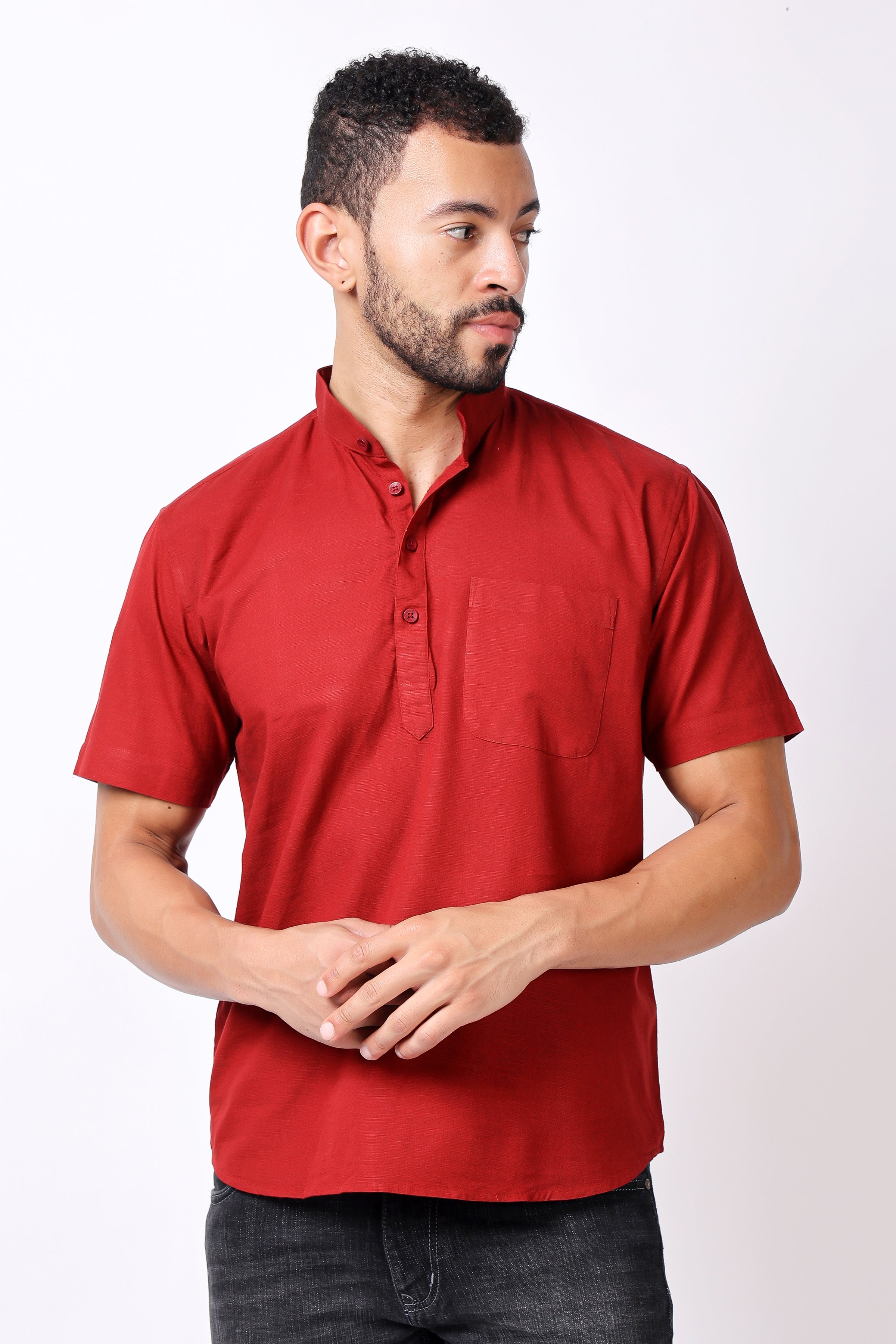 Stylox Men's Half Sleeve Solid Kurta (Red)