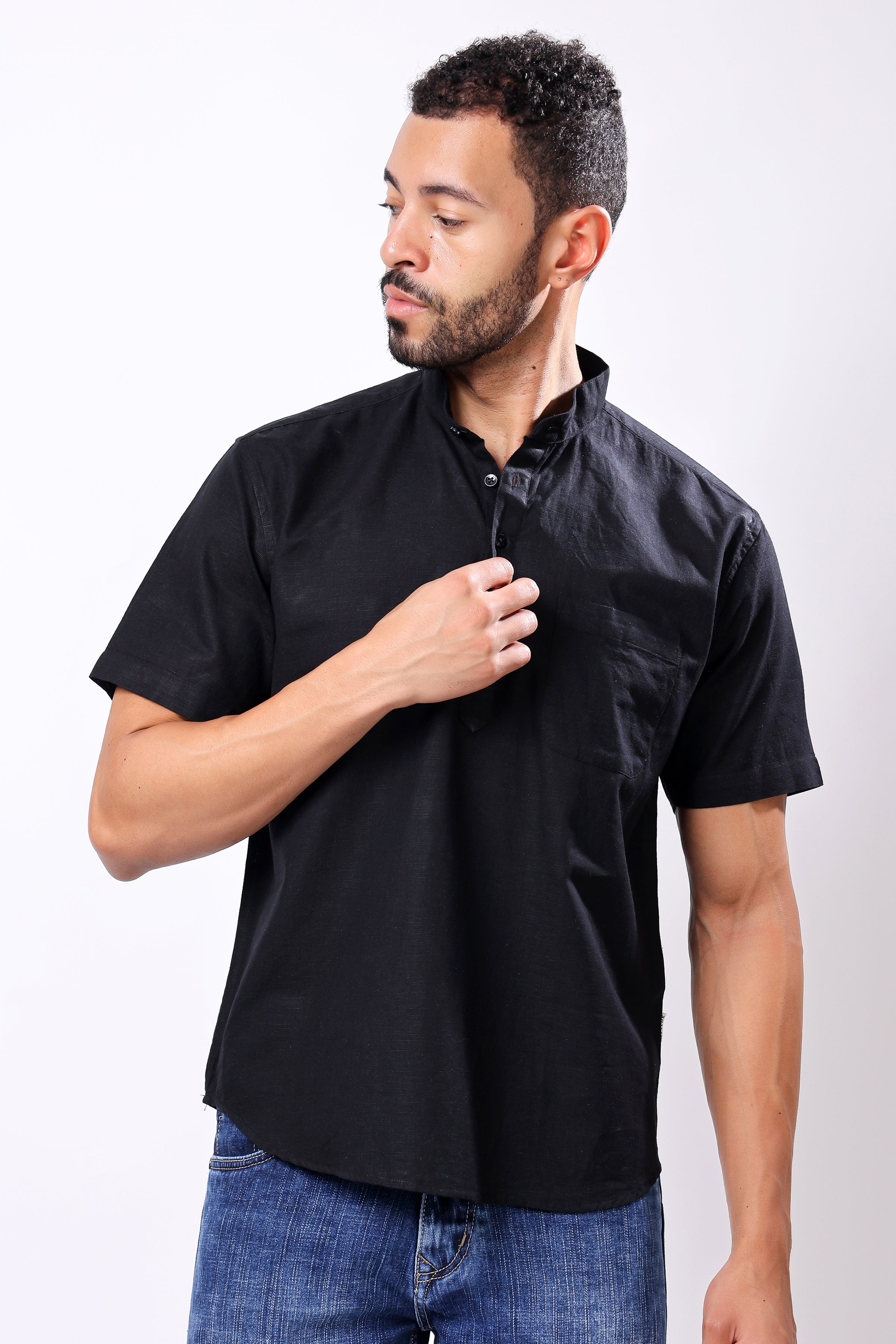 Stylox Men's Half Sleeve Solid Kurta (Black)