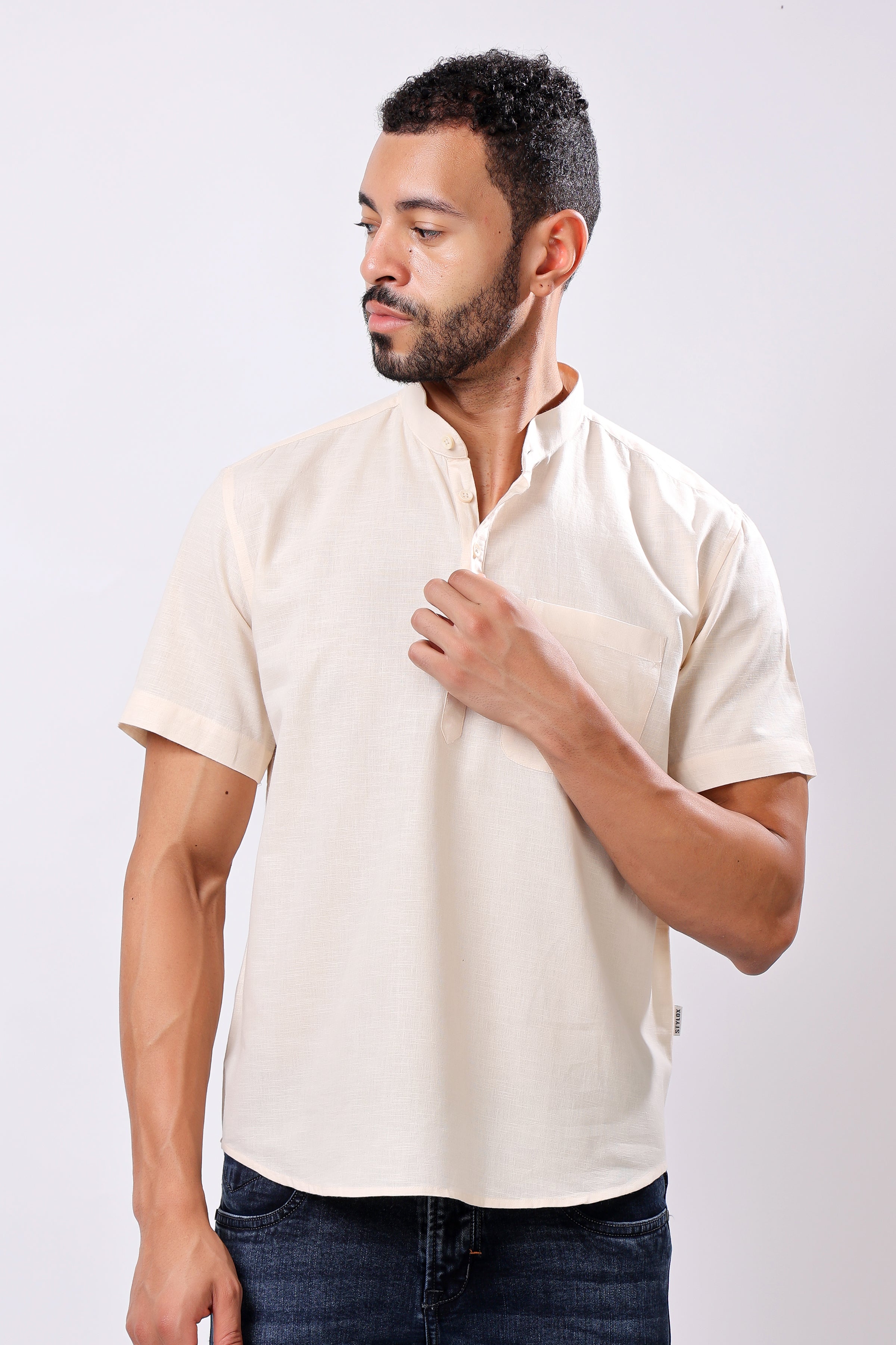 Stylox Men's Half Sleeve Solid Kurta (Beige) - Stylox