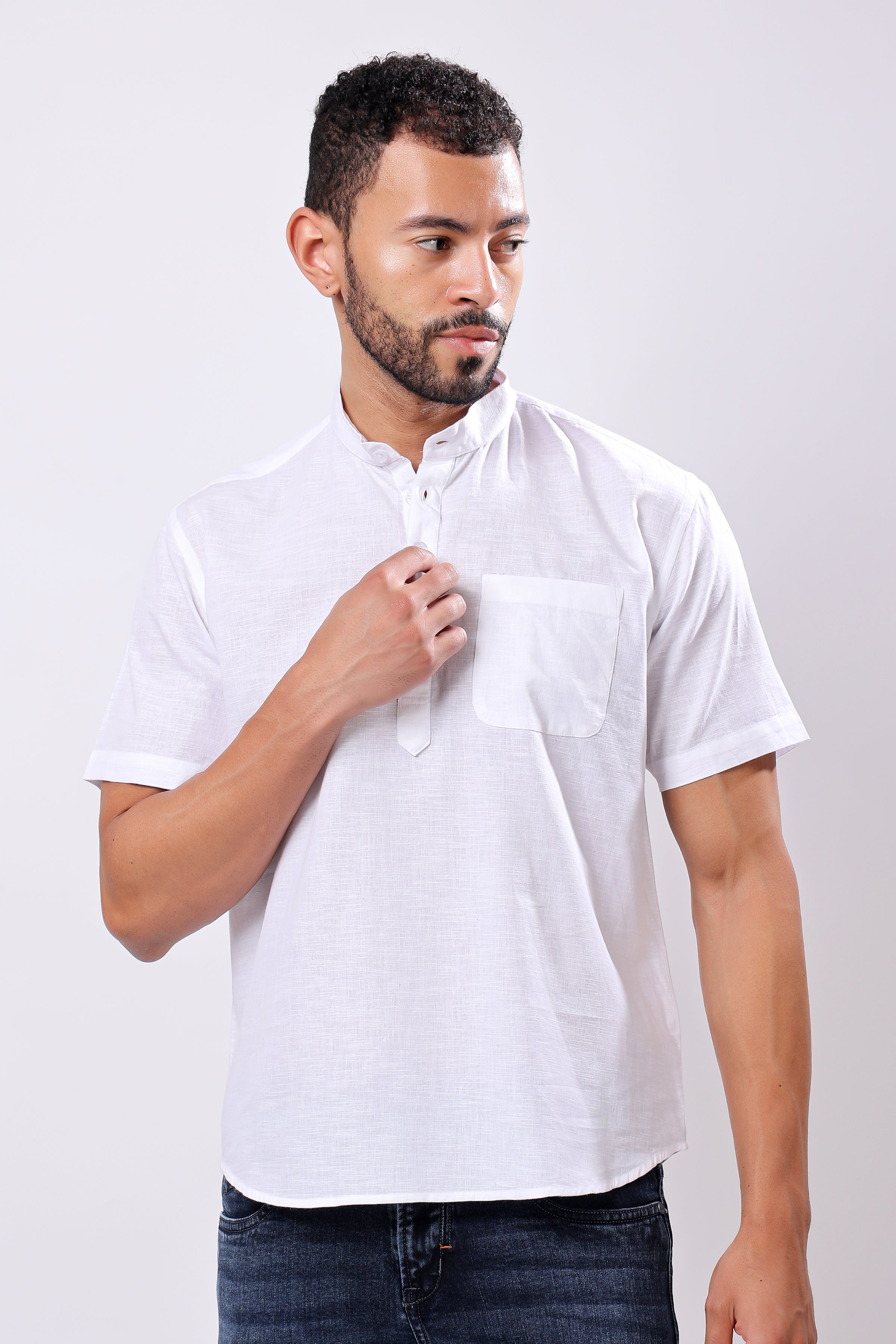 Stylox Men's Half Sleeve Solid Kurta (White) - Stylox