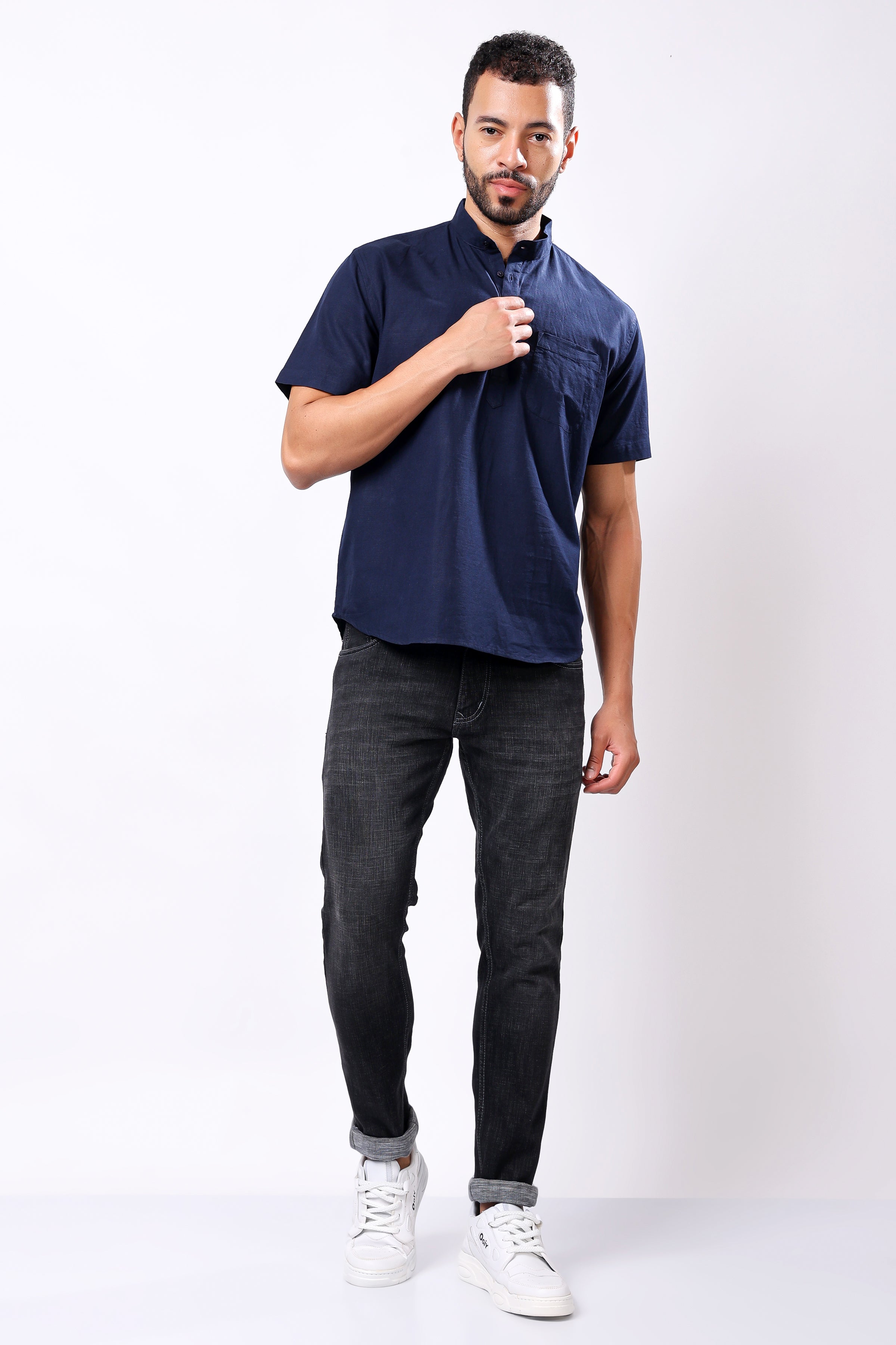 Stylox Men's Half Sleeve Solid Kurta (Navy)