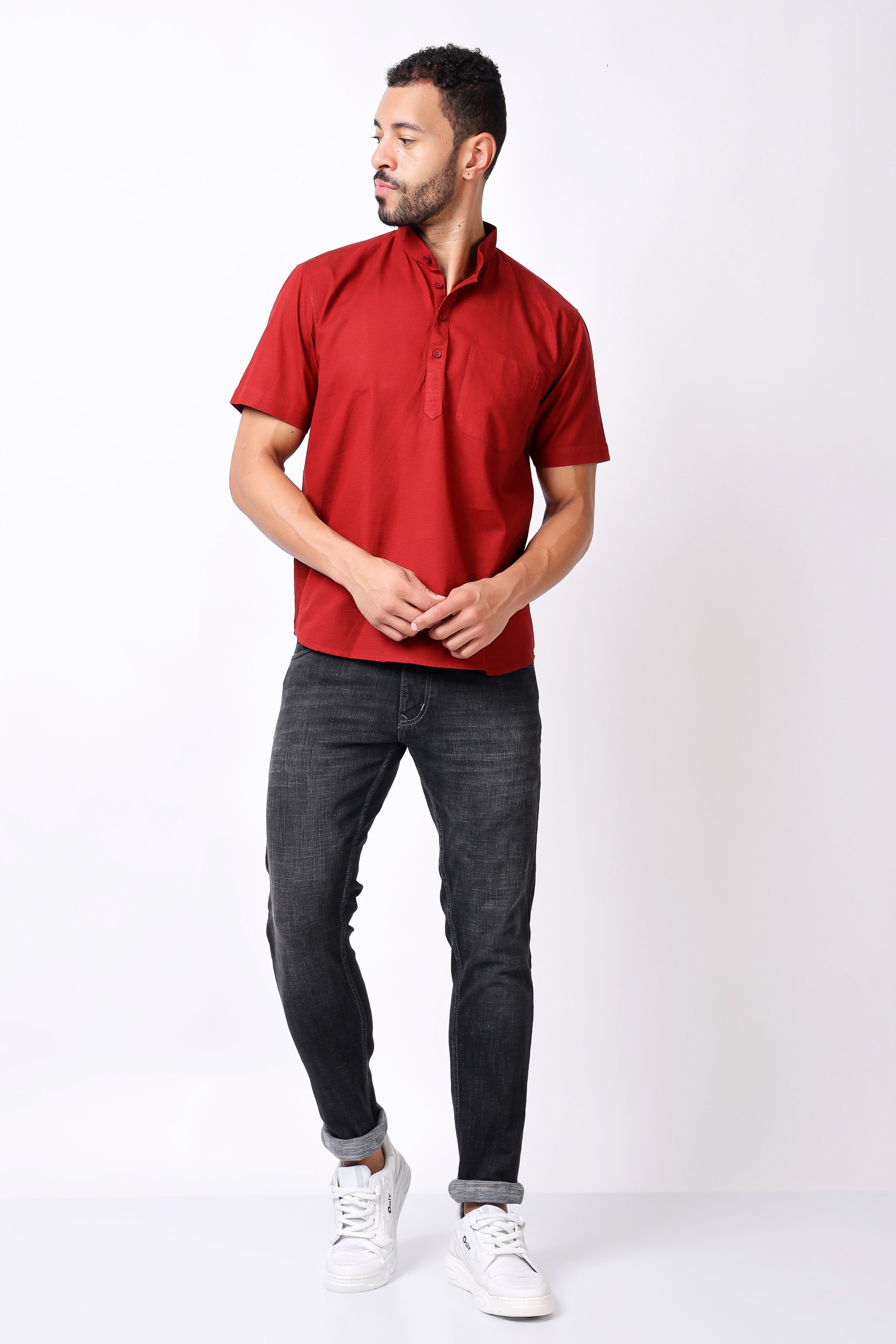 Stylox Men's Half Sleeve Solid Kurta (Red)
