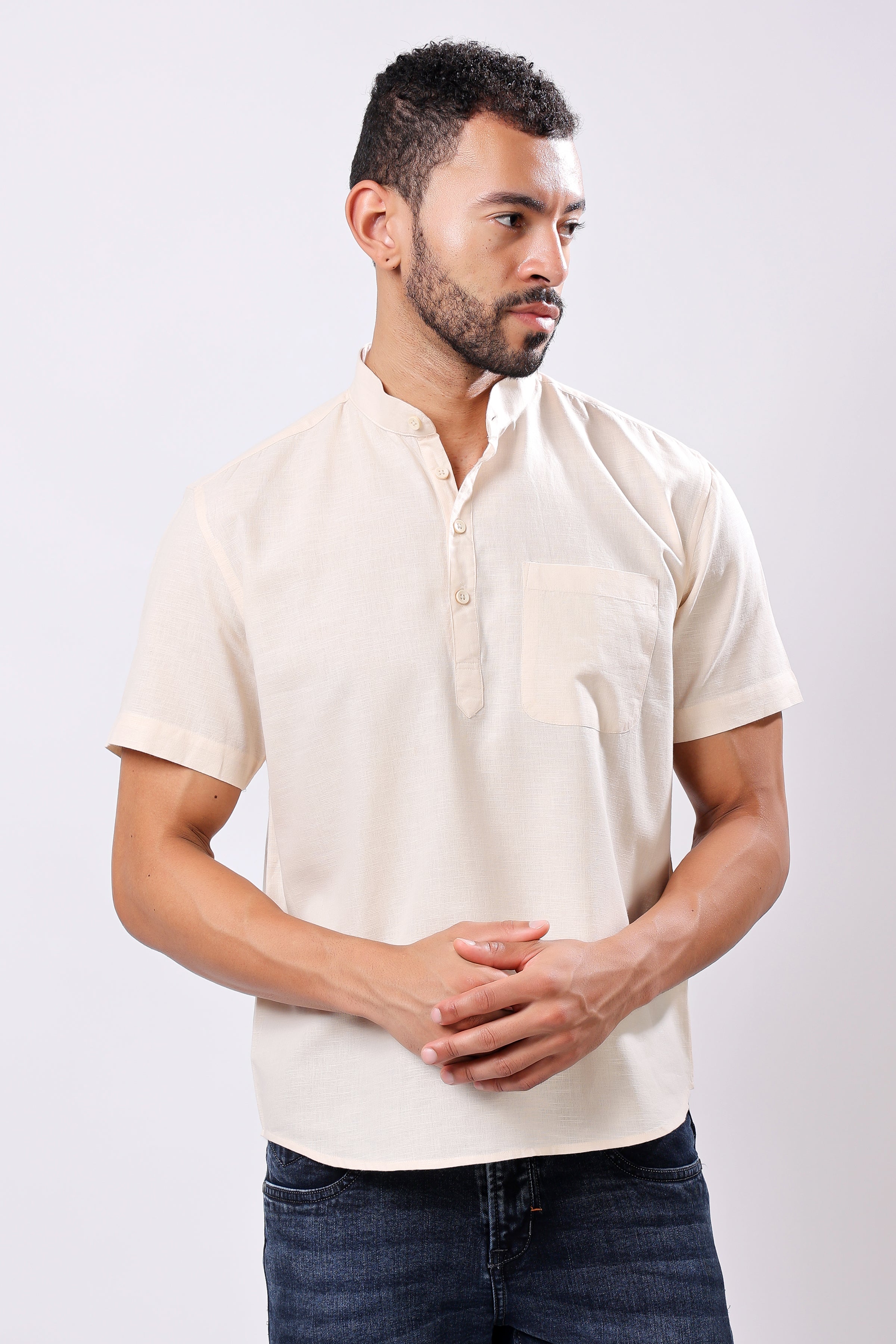 Stylox Men's Half Sleeve Solid Kurta (Beige) - Stylox