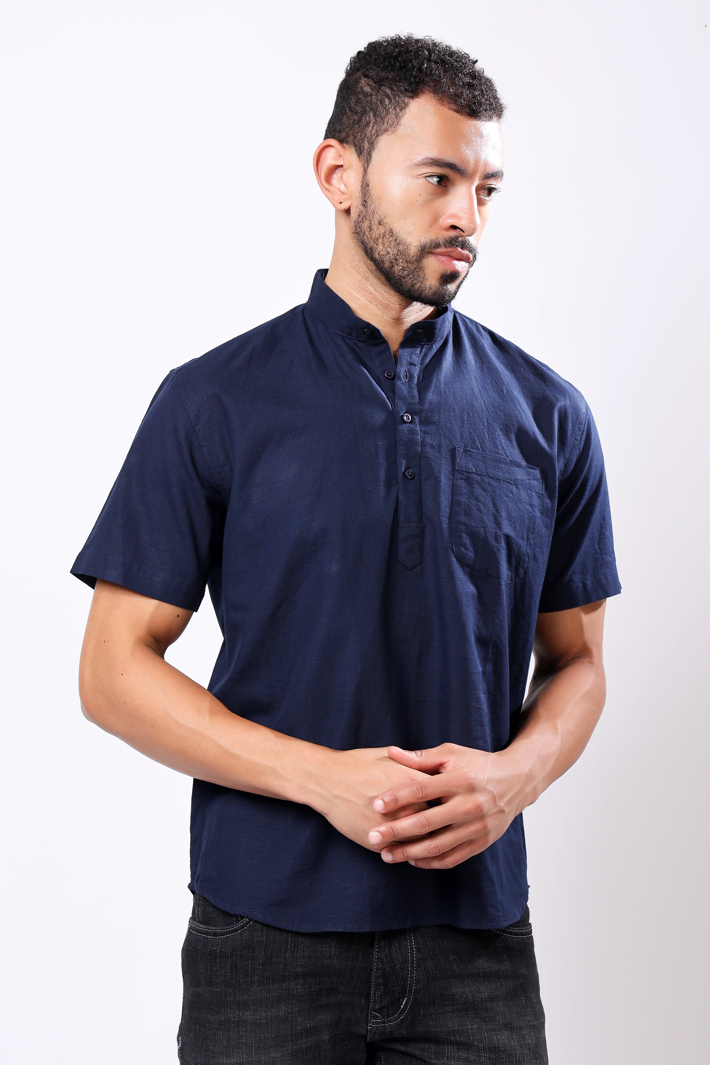Stylox Men's Half Sleeve Solid Kurta (Navy)