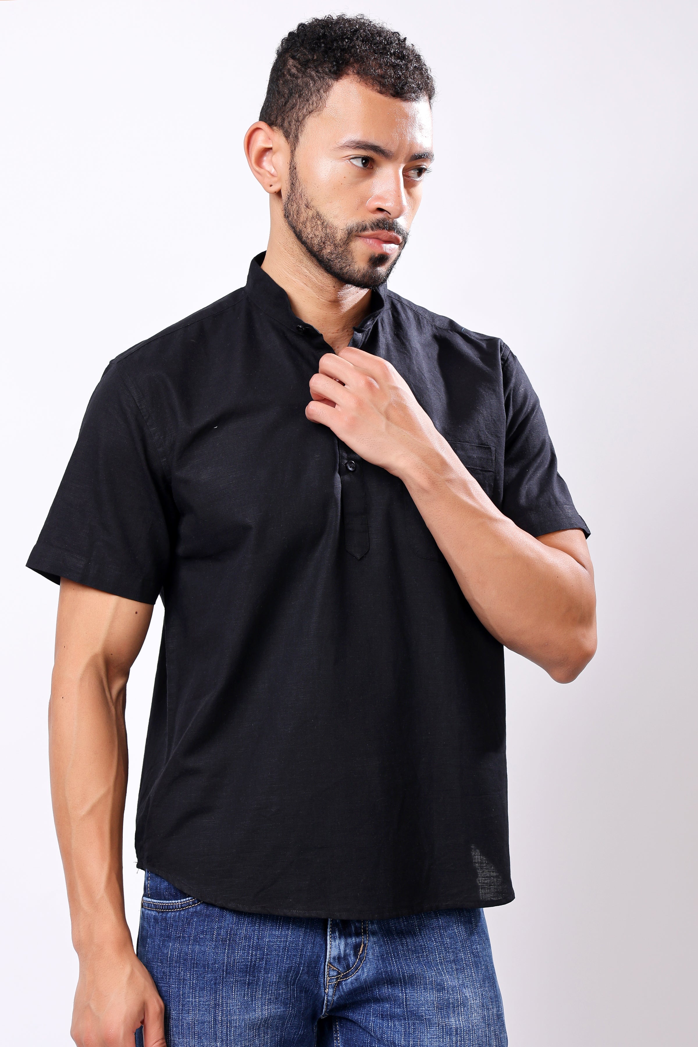 Stylox Men's Half Sleeve Solid Kurta (Black)