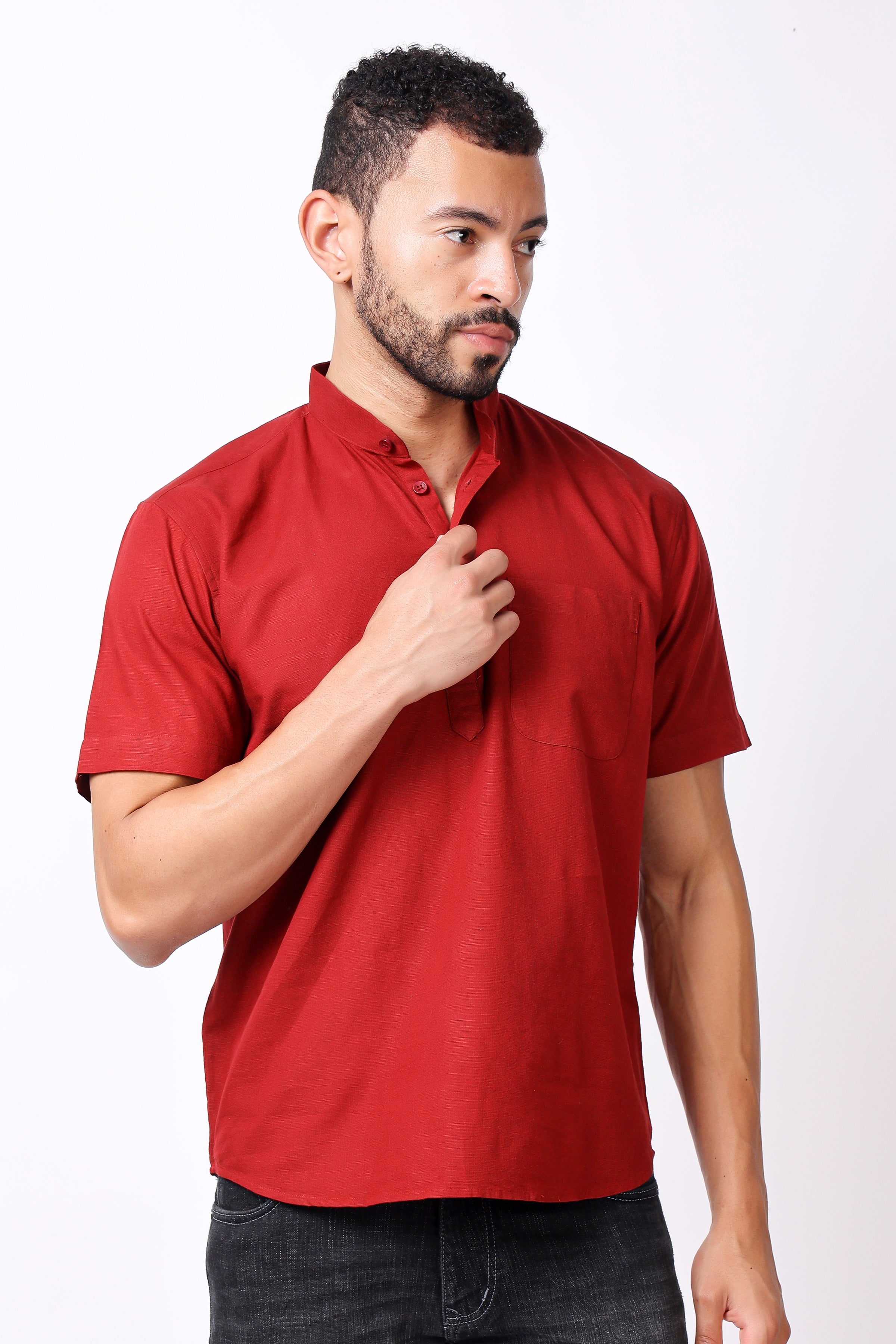 Stylox Men's Half Sleeve Solid Kurta (Red)