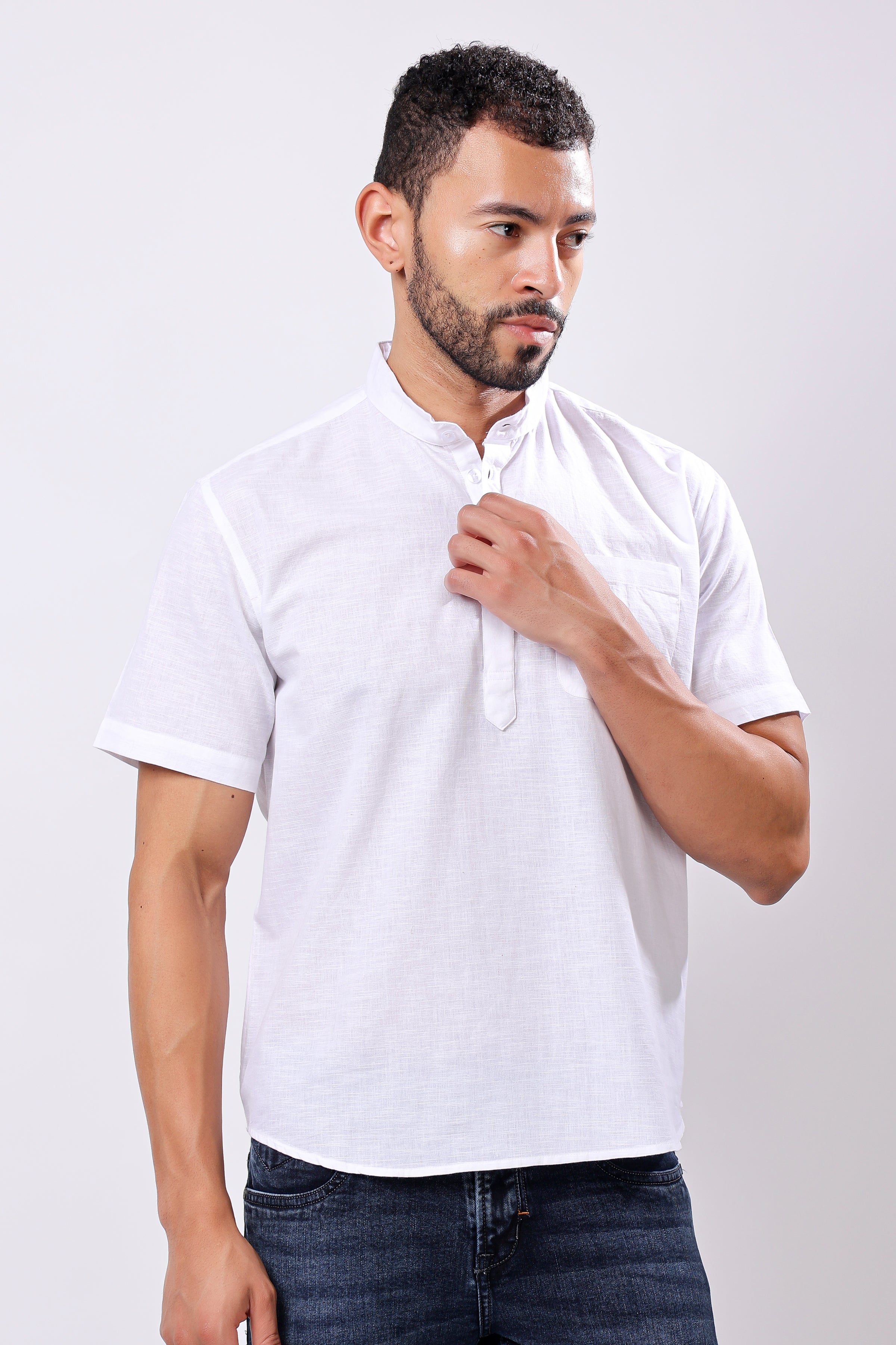 Stylox Men's Half Sleeve Solid Kurta (White) - Stylox