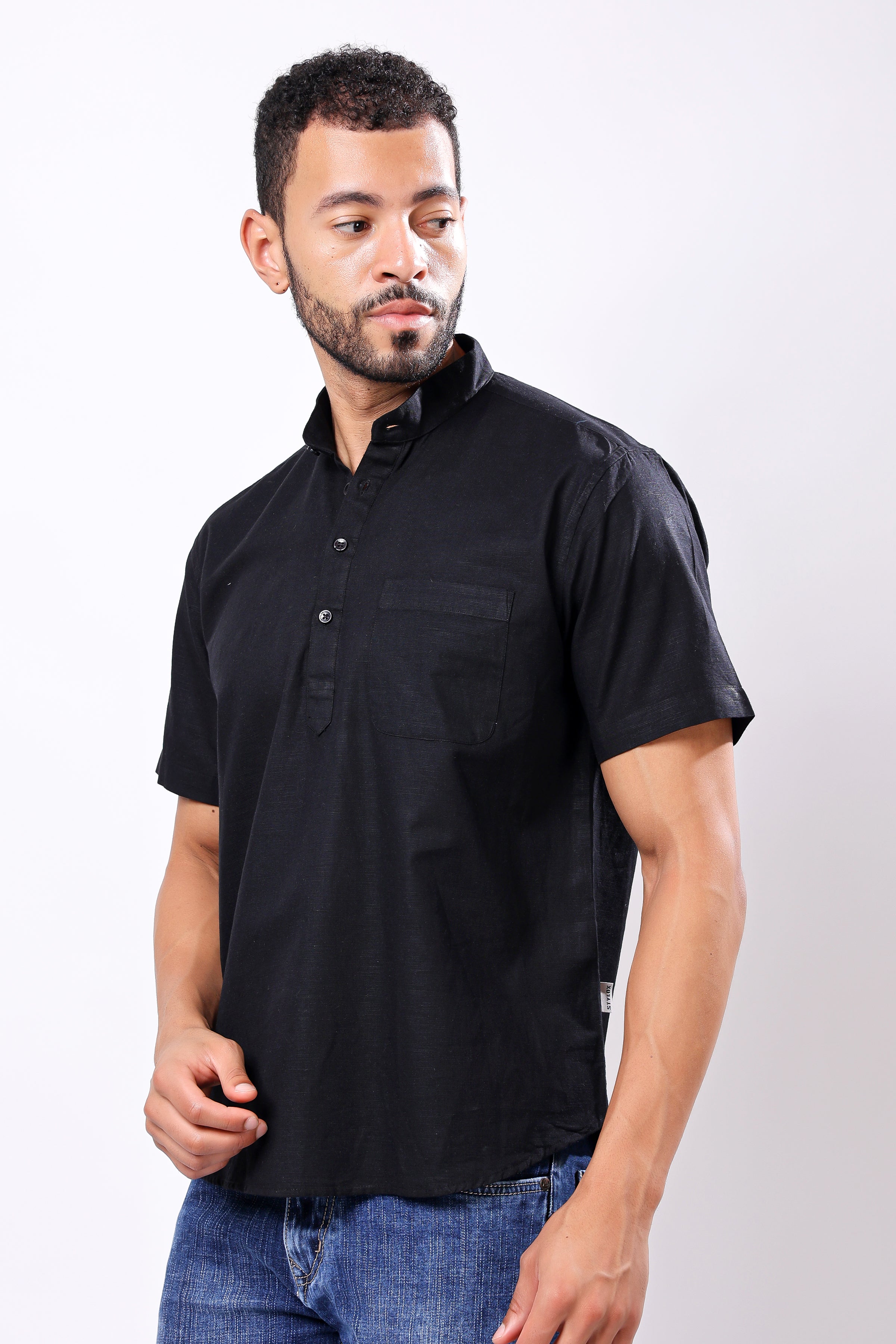 Stylox Men's Half Sleeve Solid Kurta (Black)