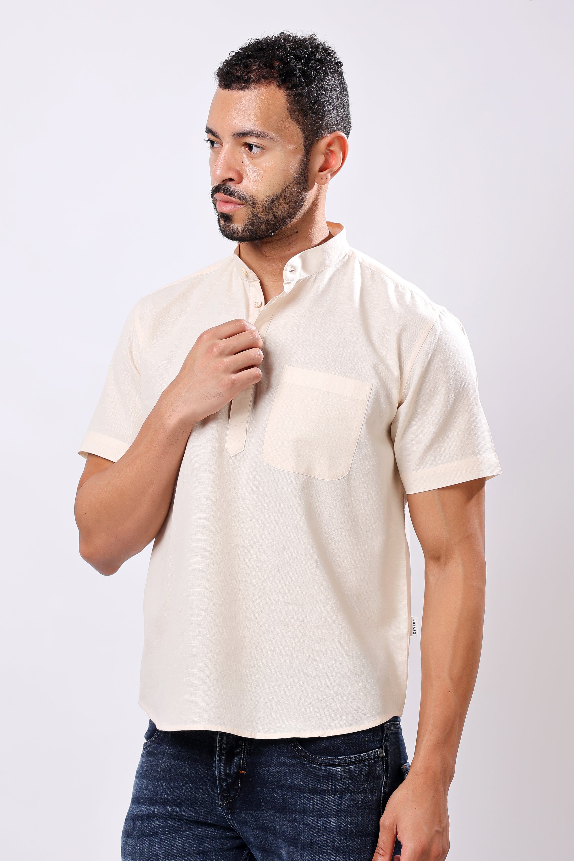Stylox Men's Half Sleeve Solid Kurta (Beige) - Stylox
