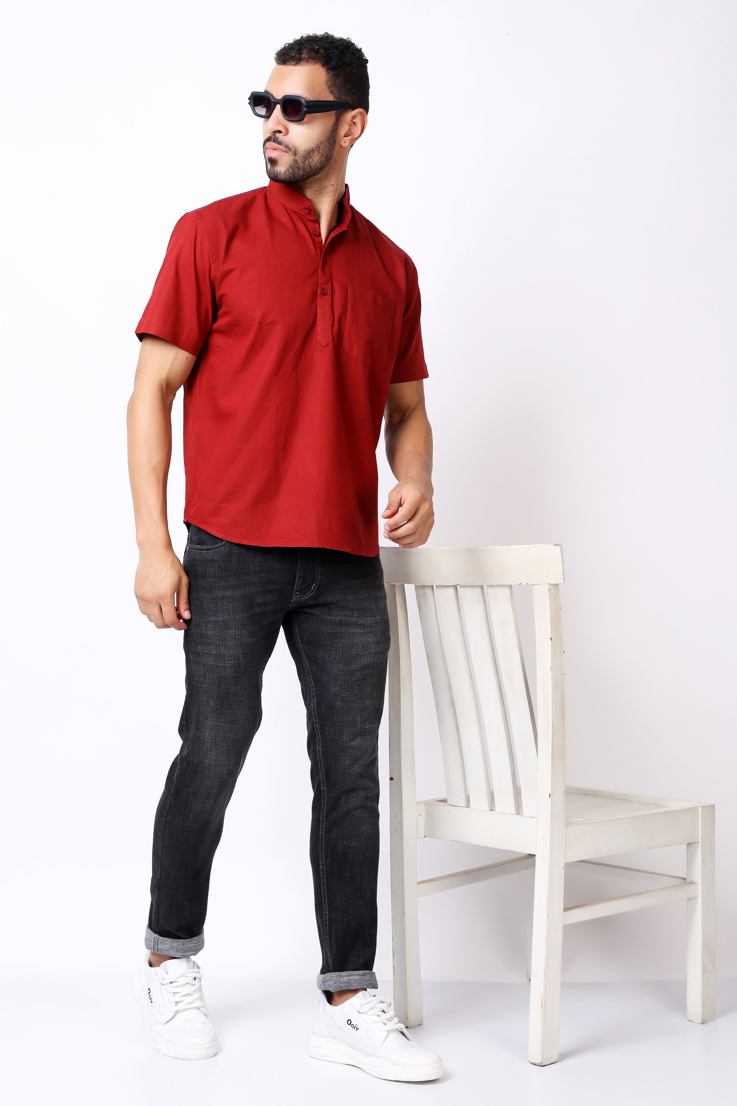 Stylox Men's Half Sleeve Solid Kurta (Red)