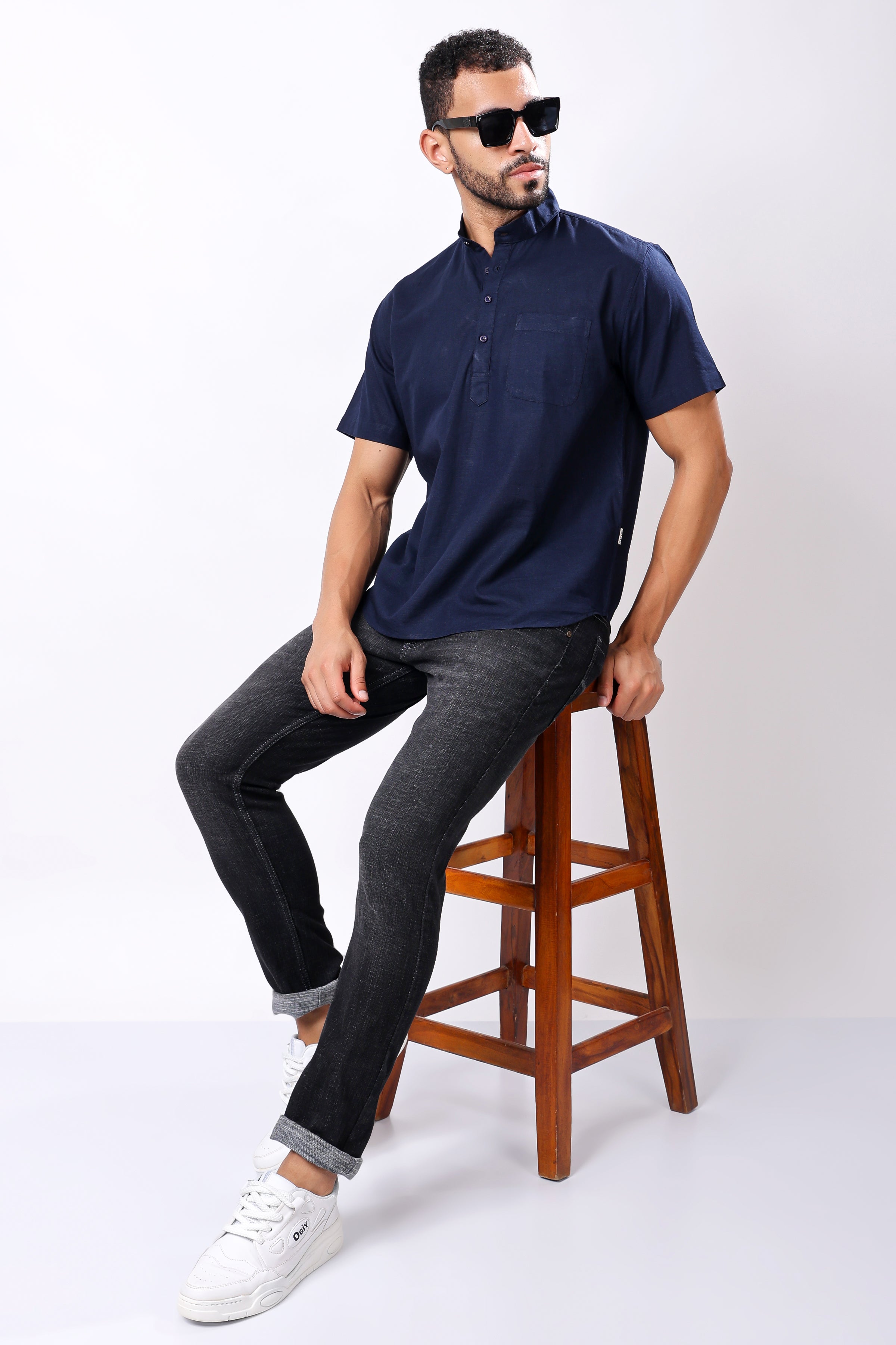 Stylox Men's Half Sleeve Solid Kurta (Navy)