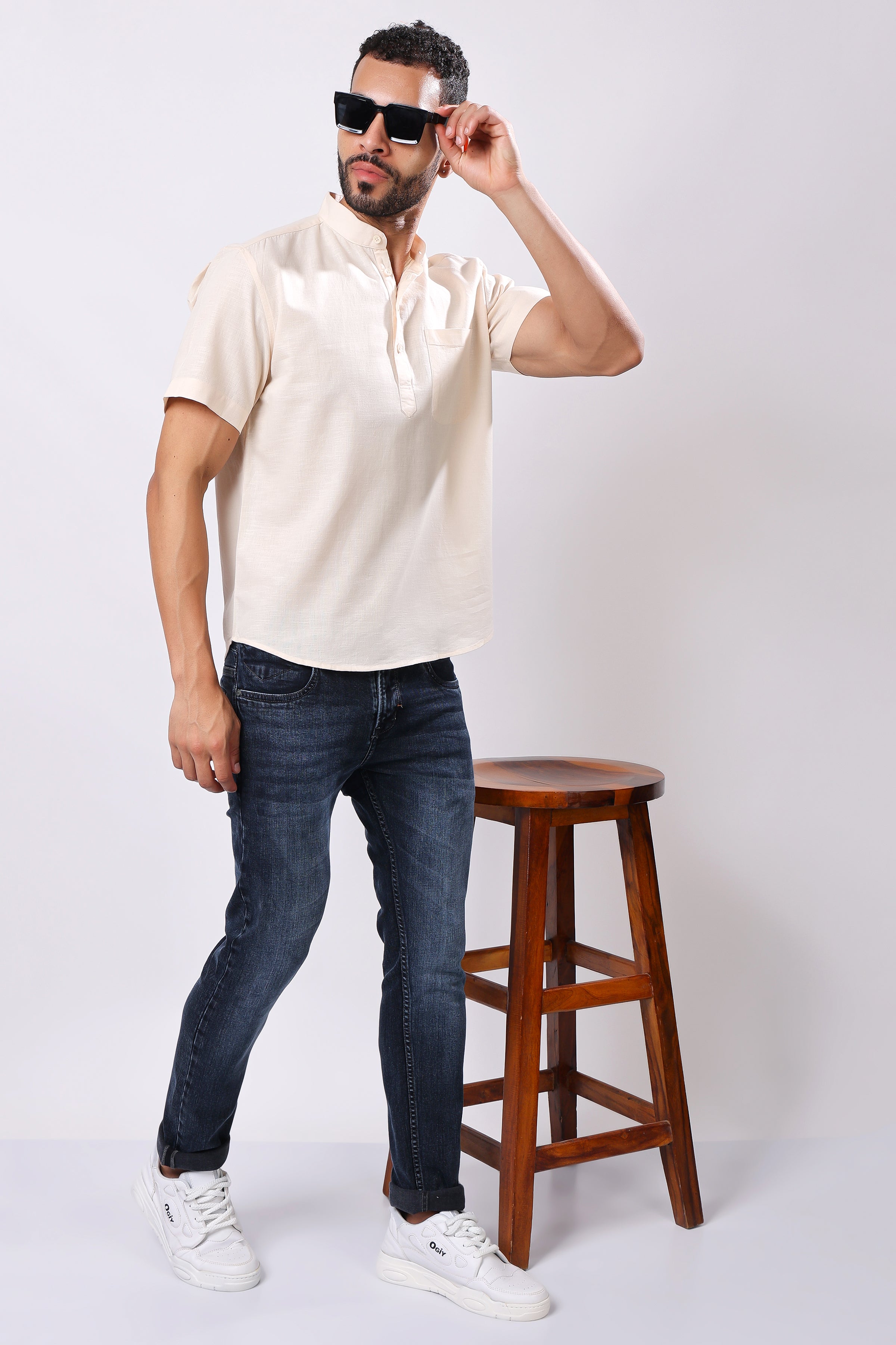 Stylox Men's Half Sleeve Solid Kurta (Beige) - Stylox