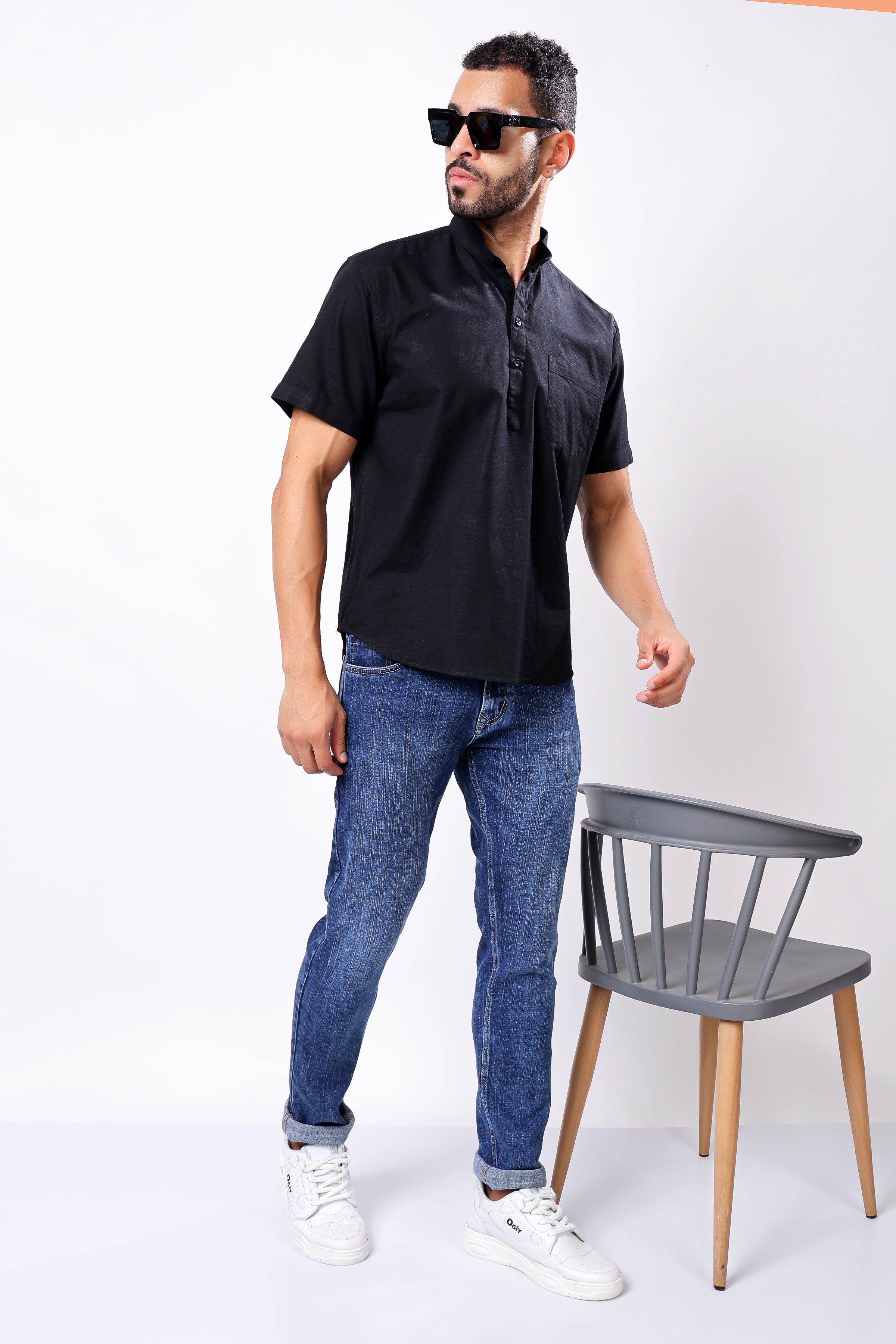 Stylox Men's Half Sleeve Solid Kurta (Black)