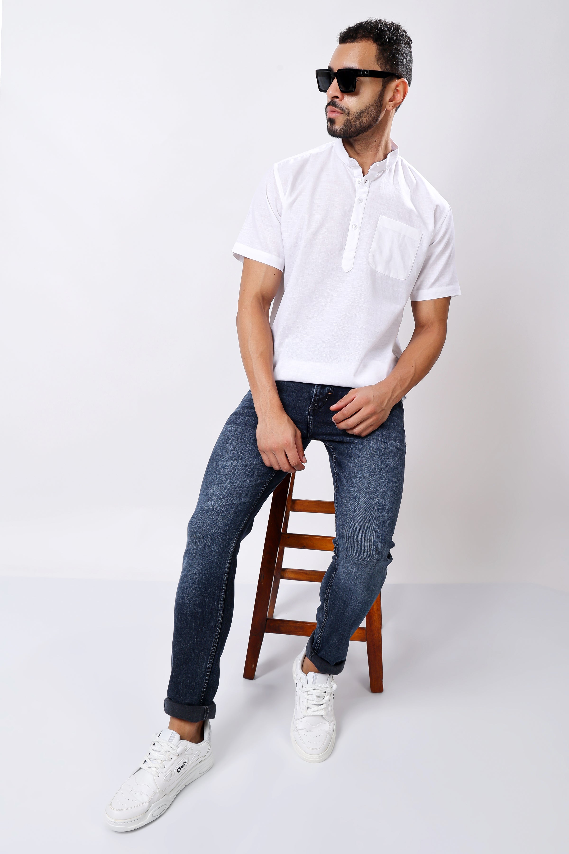 Stylox Men's Half Sleeve Solid Kurta (White) - Stylox