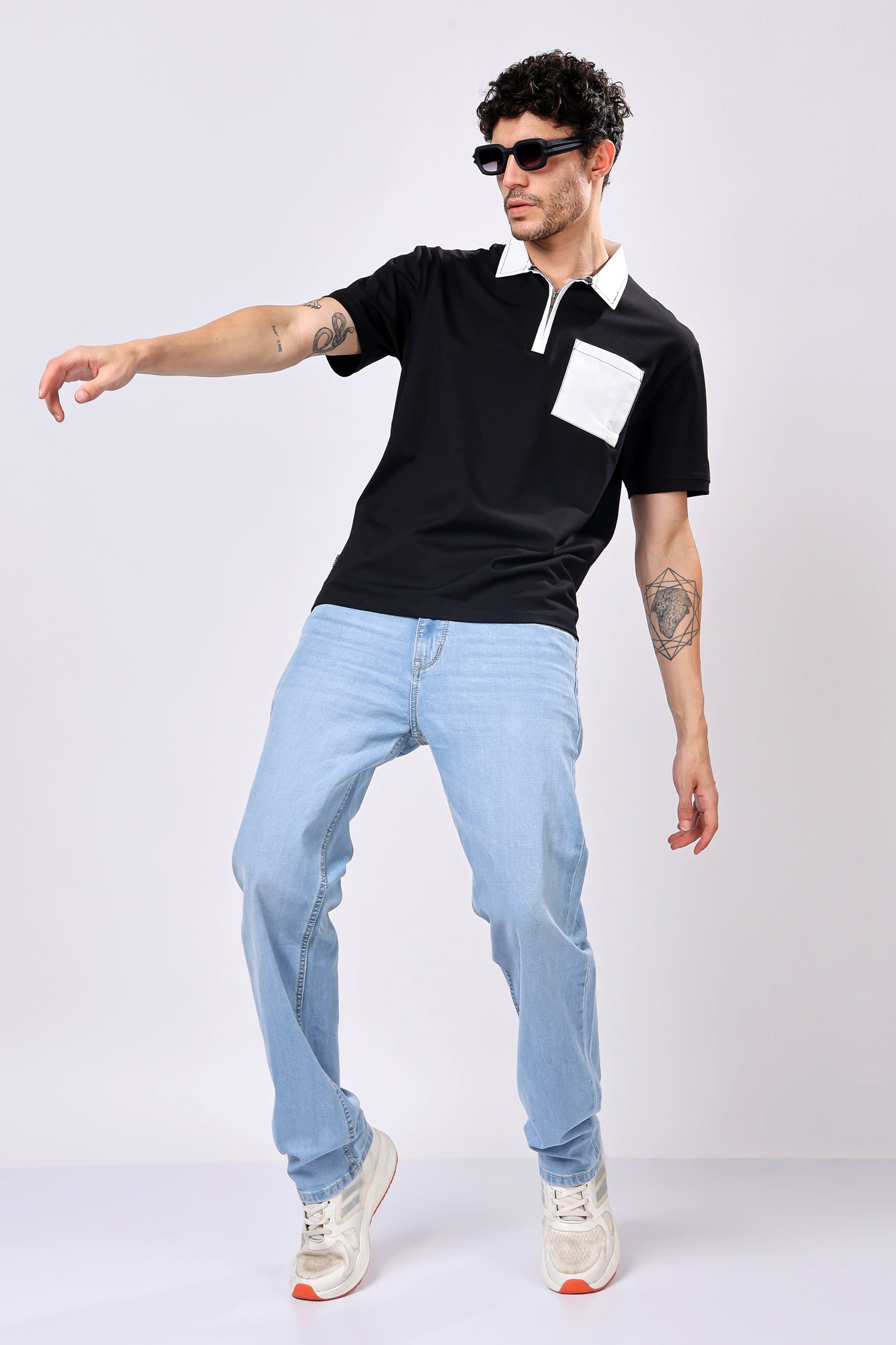 Stylox Men’s Regular Fit Contrast Collar Half Sleeve T-Shirt with Front Pocket &amp; Zip Neck | Casual Stylish Cotton Blend Tee