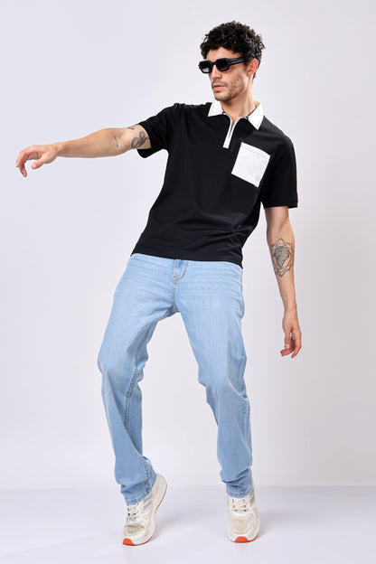 Stylox Men’s Regular Fit Contrast Collar Half Sleeve T-Shirt with Front Pocket &amp; Zip Neck | Casual Stylish Cotton Blend Tee