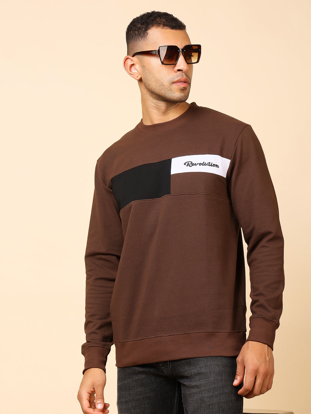 Stylox Men’s Colorblock Crew Neck Sweatshirt with “Revolution” Print