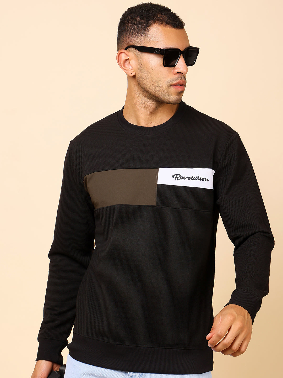 Stylox Men’s Colorblock Crew Neck Sweatshirt with “Revolution” Print