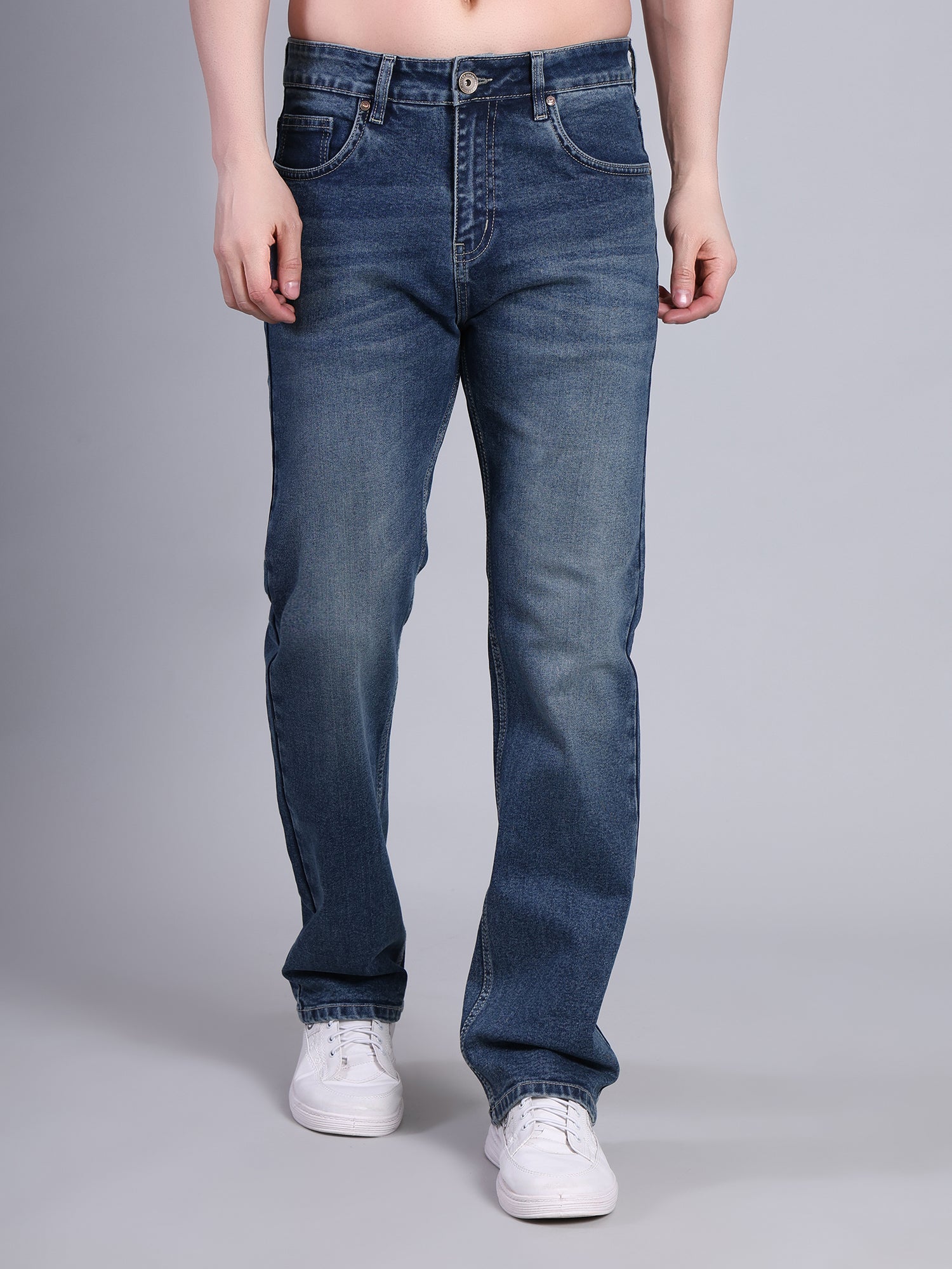 Stylox Men’s Mid-Rise Straight Fit Classic Washed Stretched Denim Jeans-Greenish Blue - Stylox