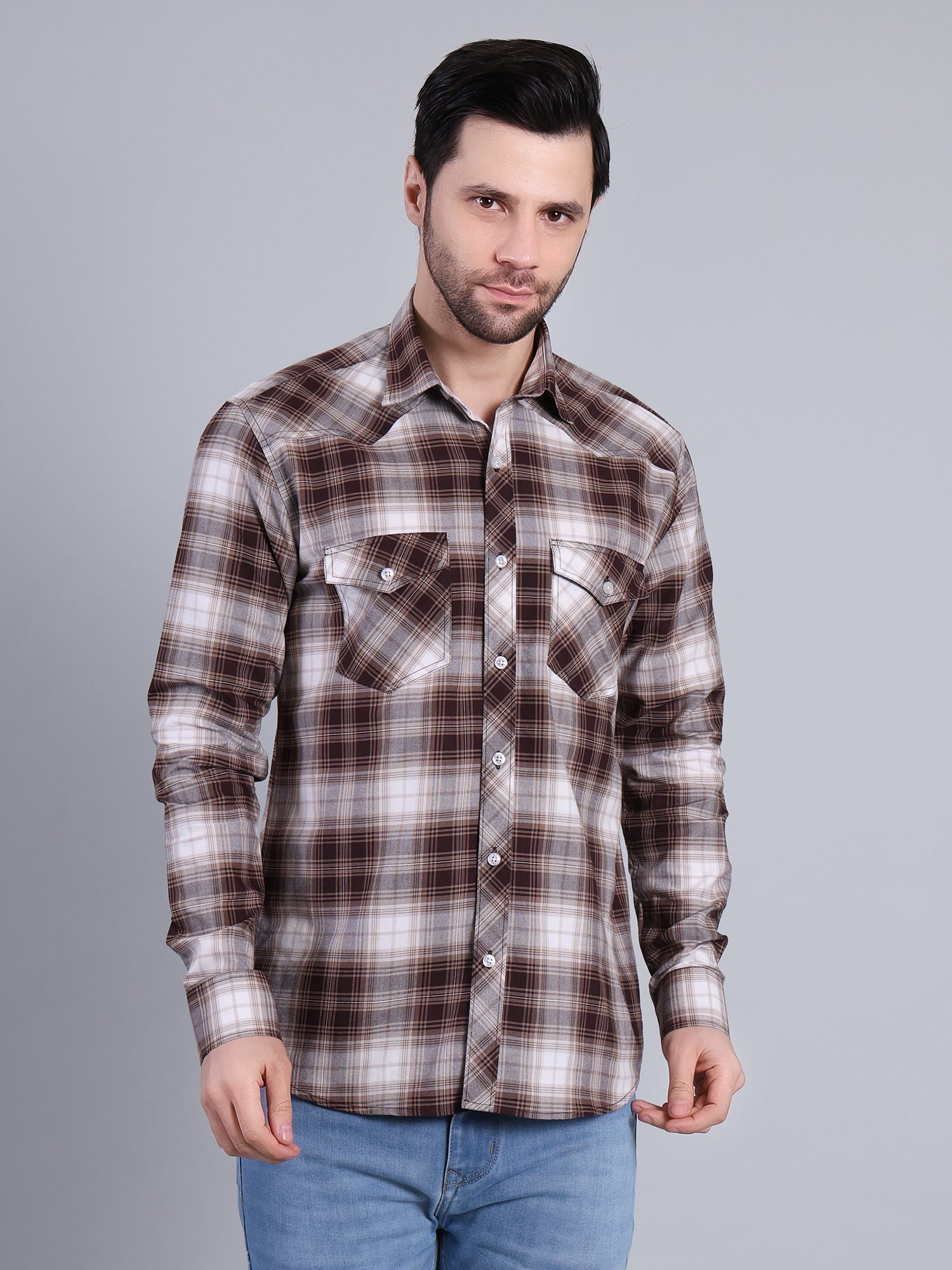 Stylox Men's Regular Fit Double Chest Pocket Check Casual Shirt (Brown)