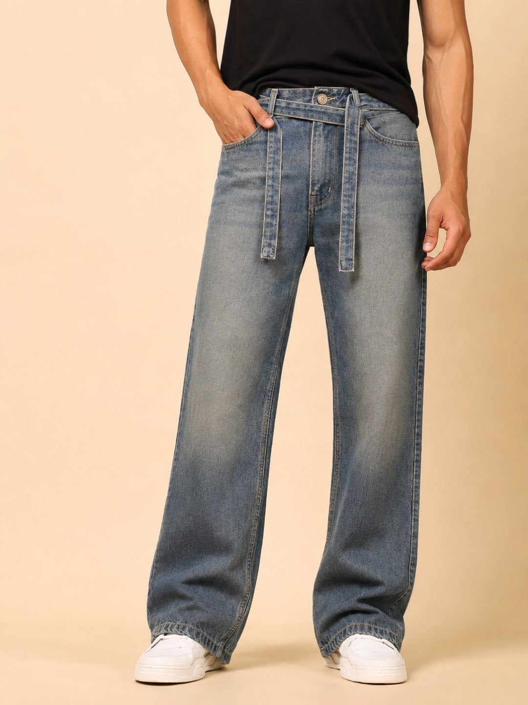 Stylox Men’s Baggy Fit Stretchable Wide Leg Denim Jeans with Tie-Waist Detail