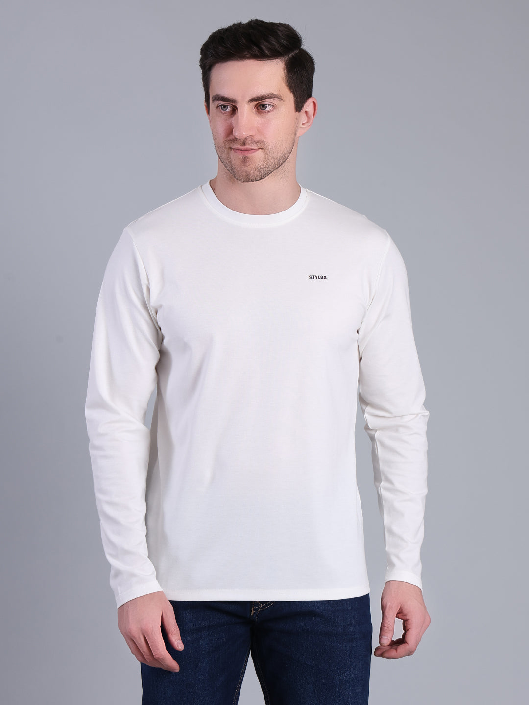 Stylox Men’s Full Sleeve Round Neck T-Shirt | Solid Slim Fit Cotton Blend Casual Tee