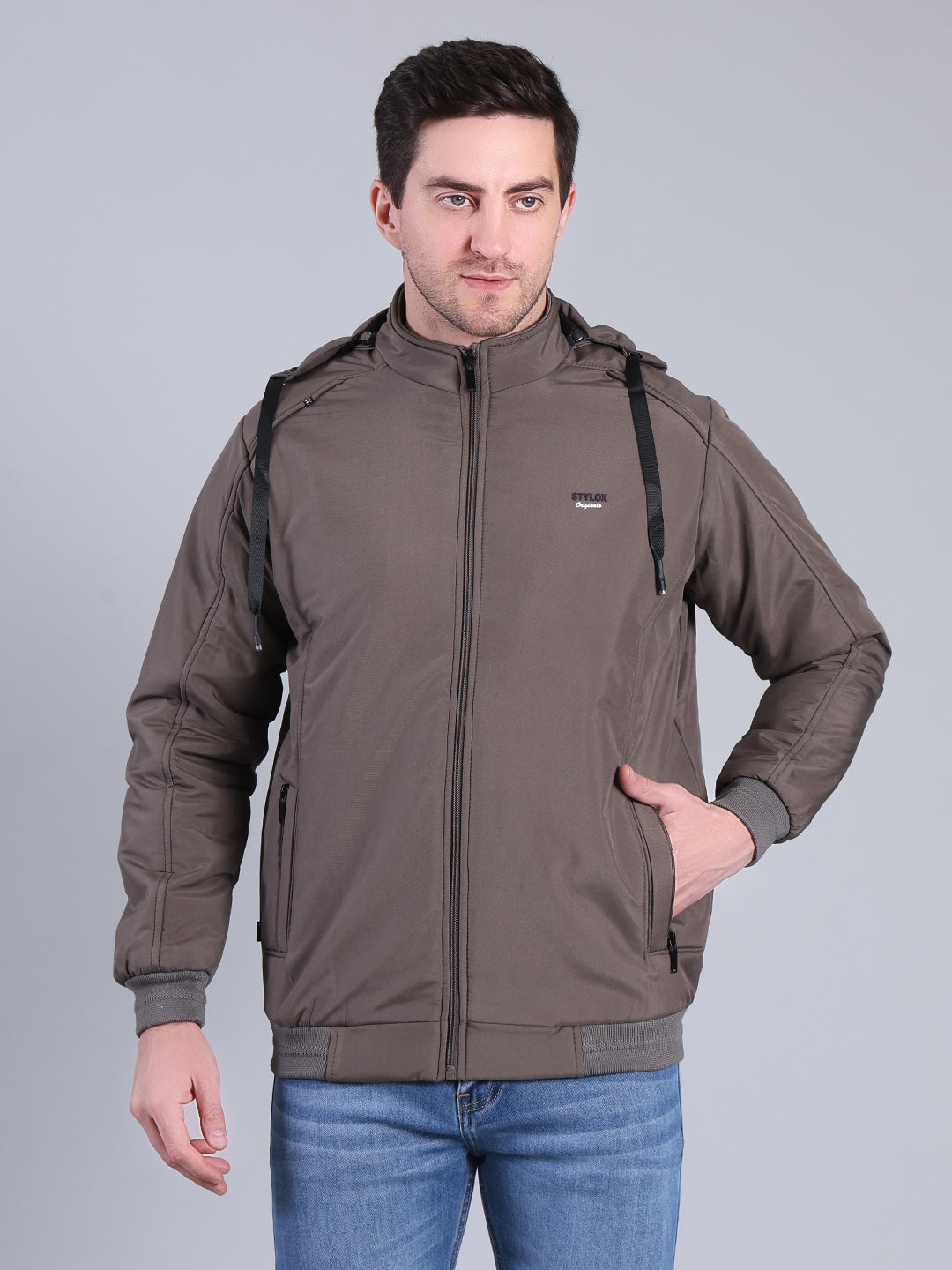 Stylox Men’s Solid Hooded Winter Jacket | Full Sleeve Zip-Up Casual Jacket with Pockets - Stylox