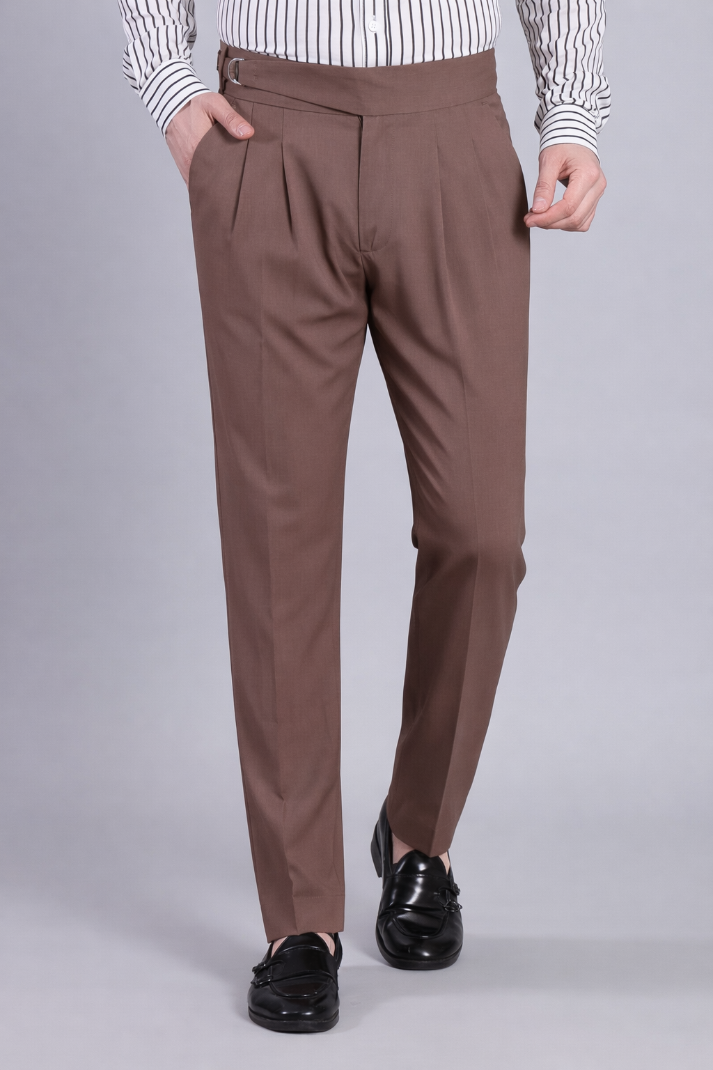 Stylox Men’s Gorkha High Waist Pleated Formal Trousers with Side Adjusters-Brown - Stylox