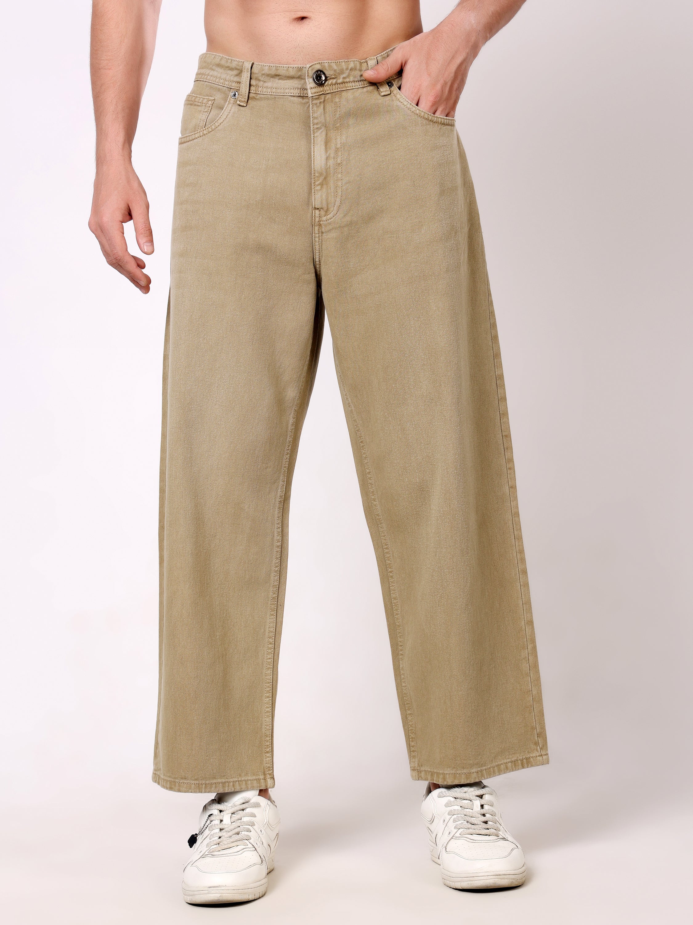 Stylox Men's Khaki Super Baggy Fit Non-Stretchable Denim Jeans