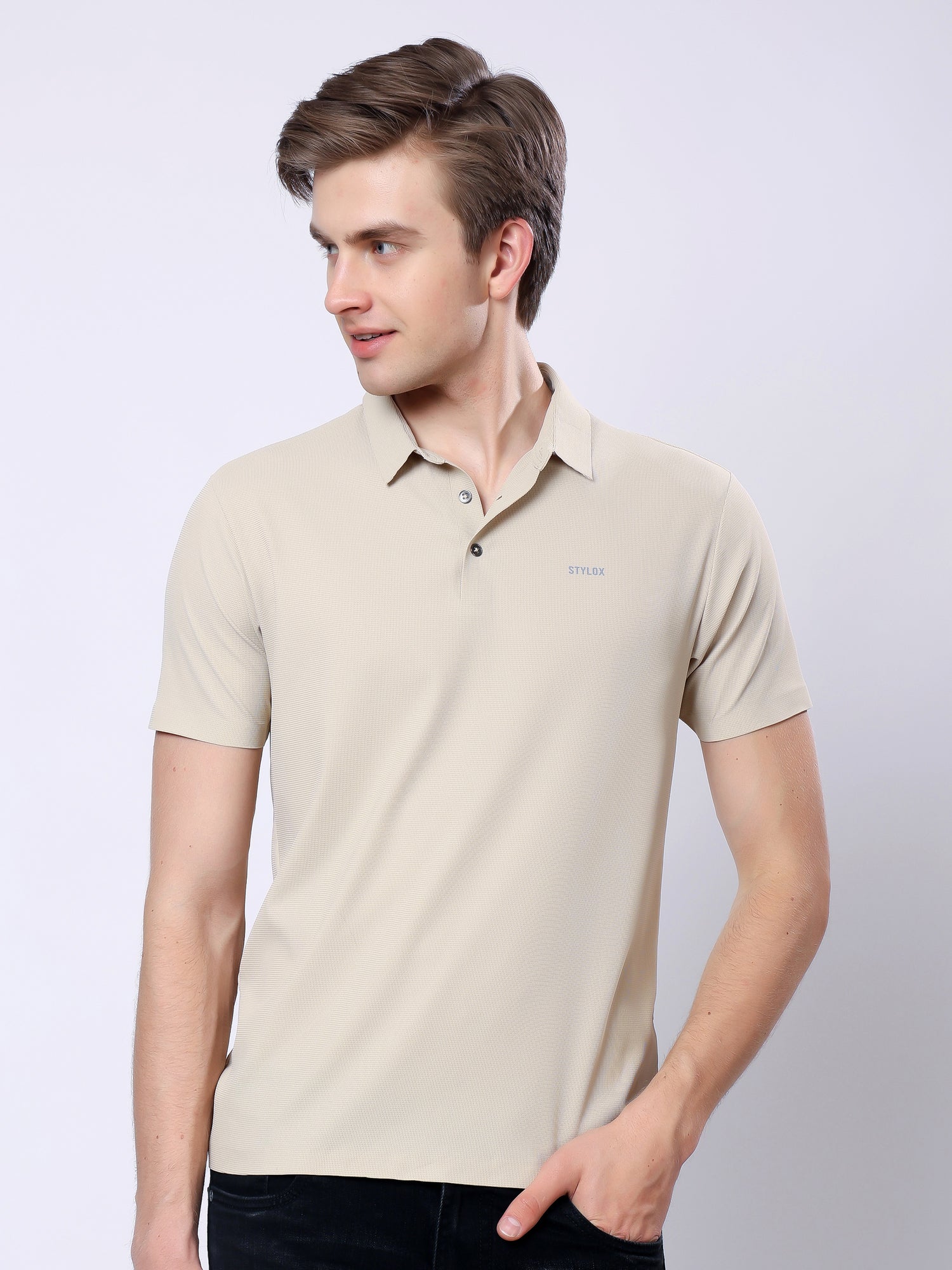 Stylox Men’s Premium Regular Fit Stretchable Polo T-Shirt-Mid Beige - Stylox