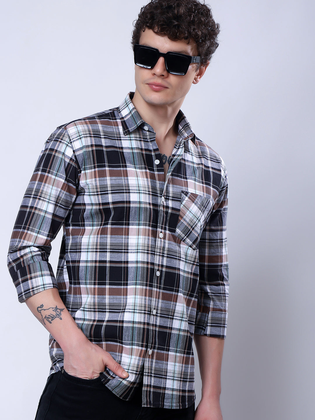 Stylox Men’s Regular Fit Full Sleeve Casual Check Shirt–Grey &amp; Black - Stylox