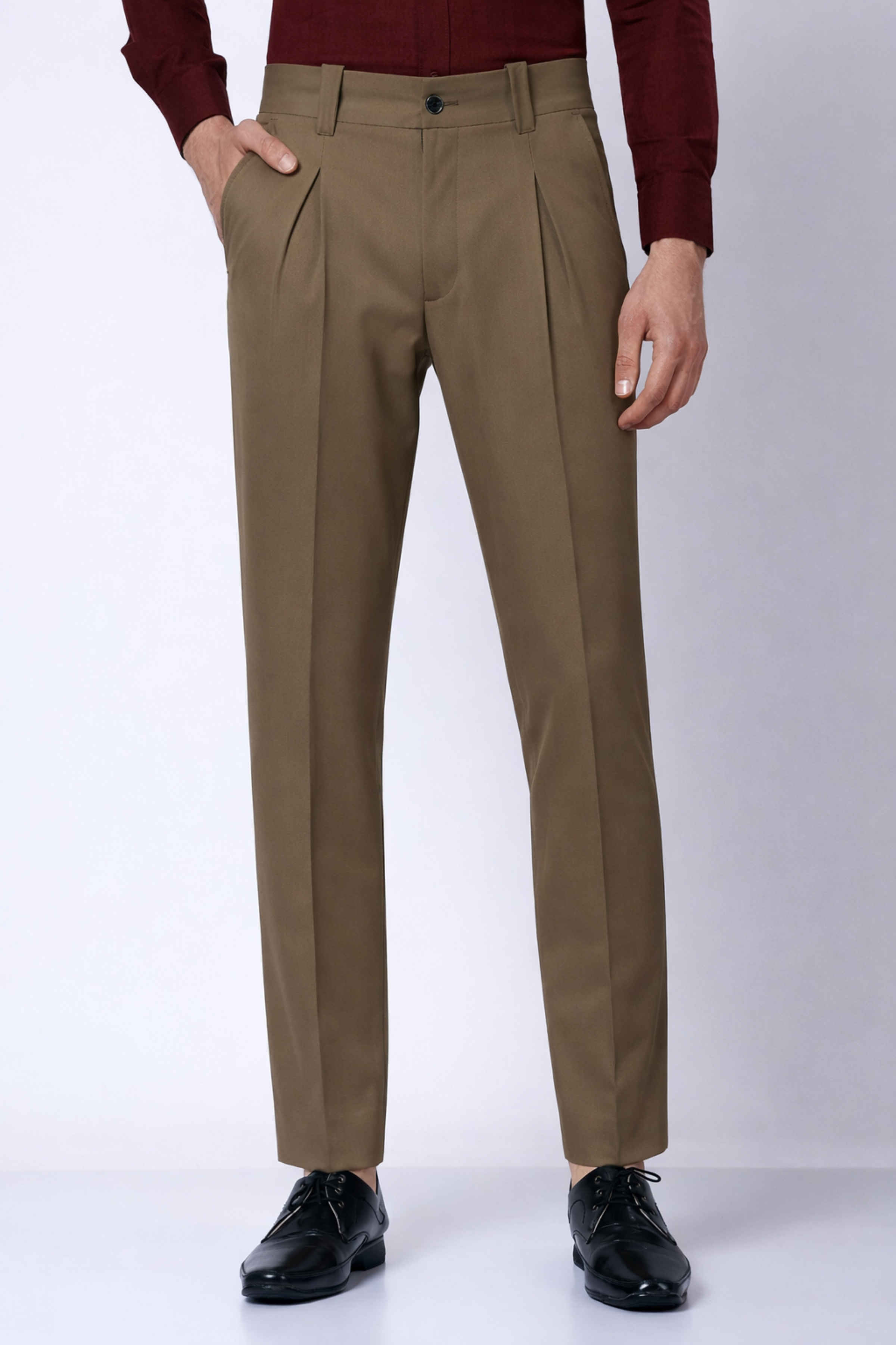 Stylox Men’s Slim Fit Pleated Formal Trousers – Premium Office Wear Pants with Side Pockets-Olive - Stylox