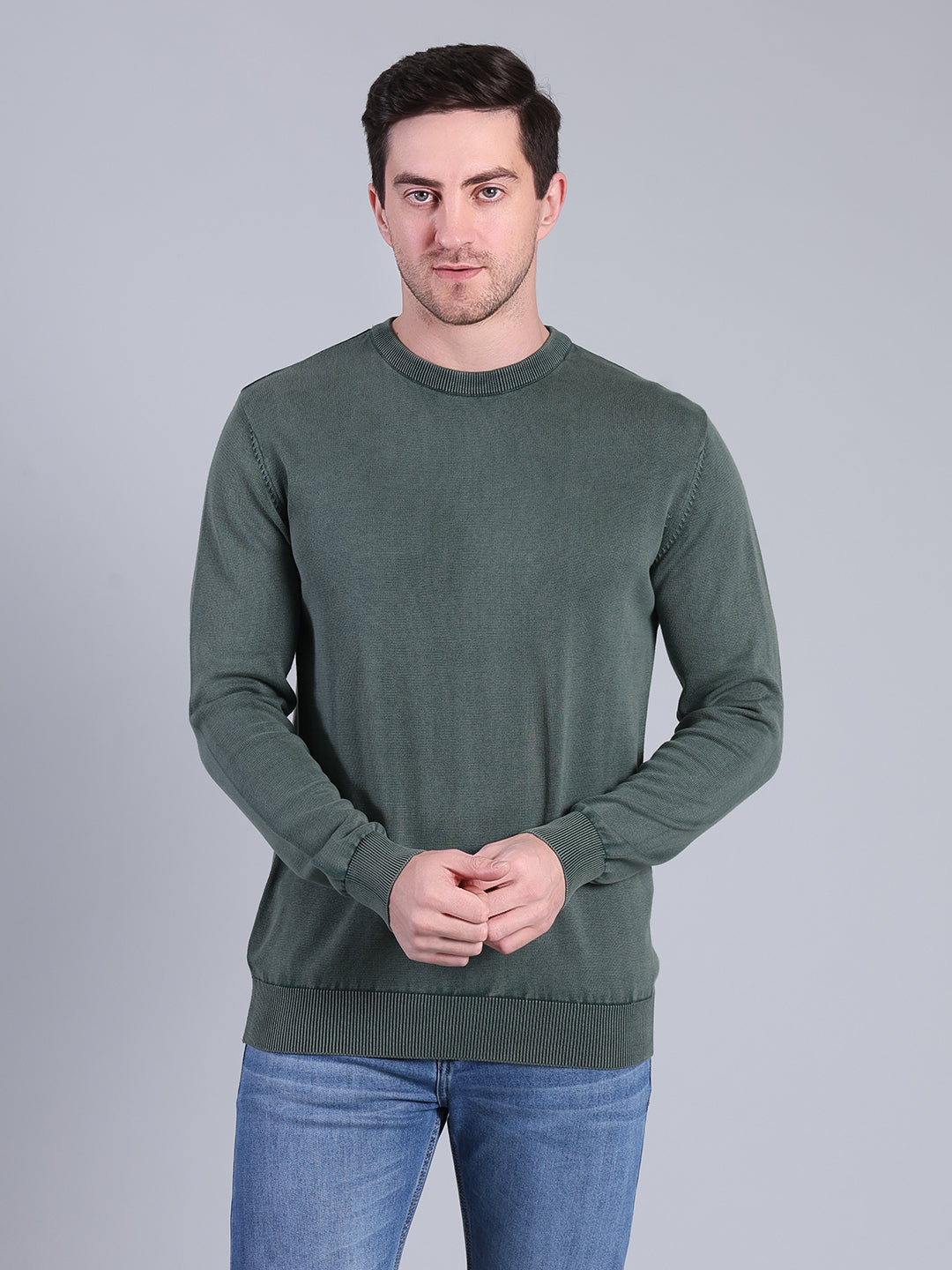 Stylox Men’s Full Sleeve Round Neck Sweater | Solid Slim Fit Knitted Winter Pullover (Teal)