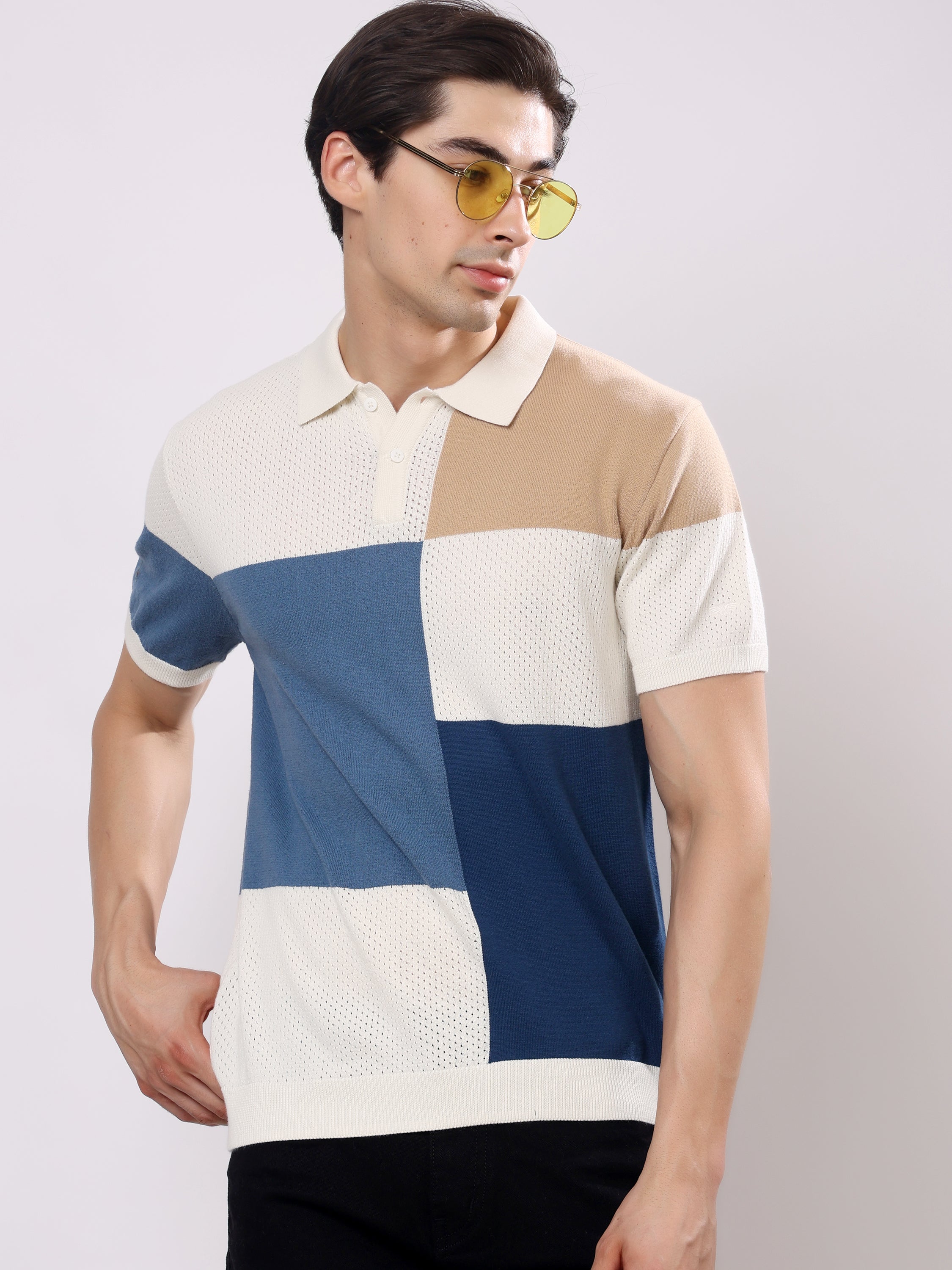 Stylox Men's Regular Fit Half Sleeve Color Block Knitted Polo T-Shirt
