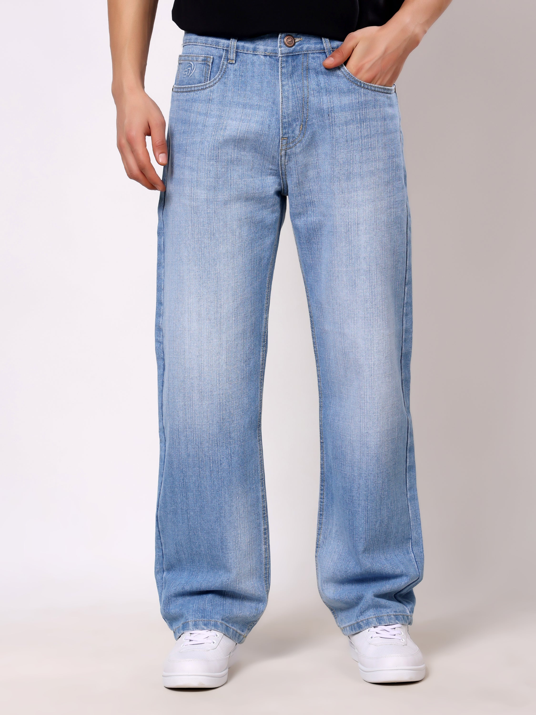 Stylox Men’s Baggy Fit Ice Blue Non-Stretch Wide Leg Denim Jeans
